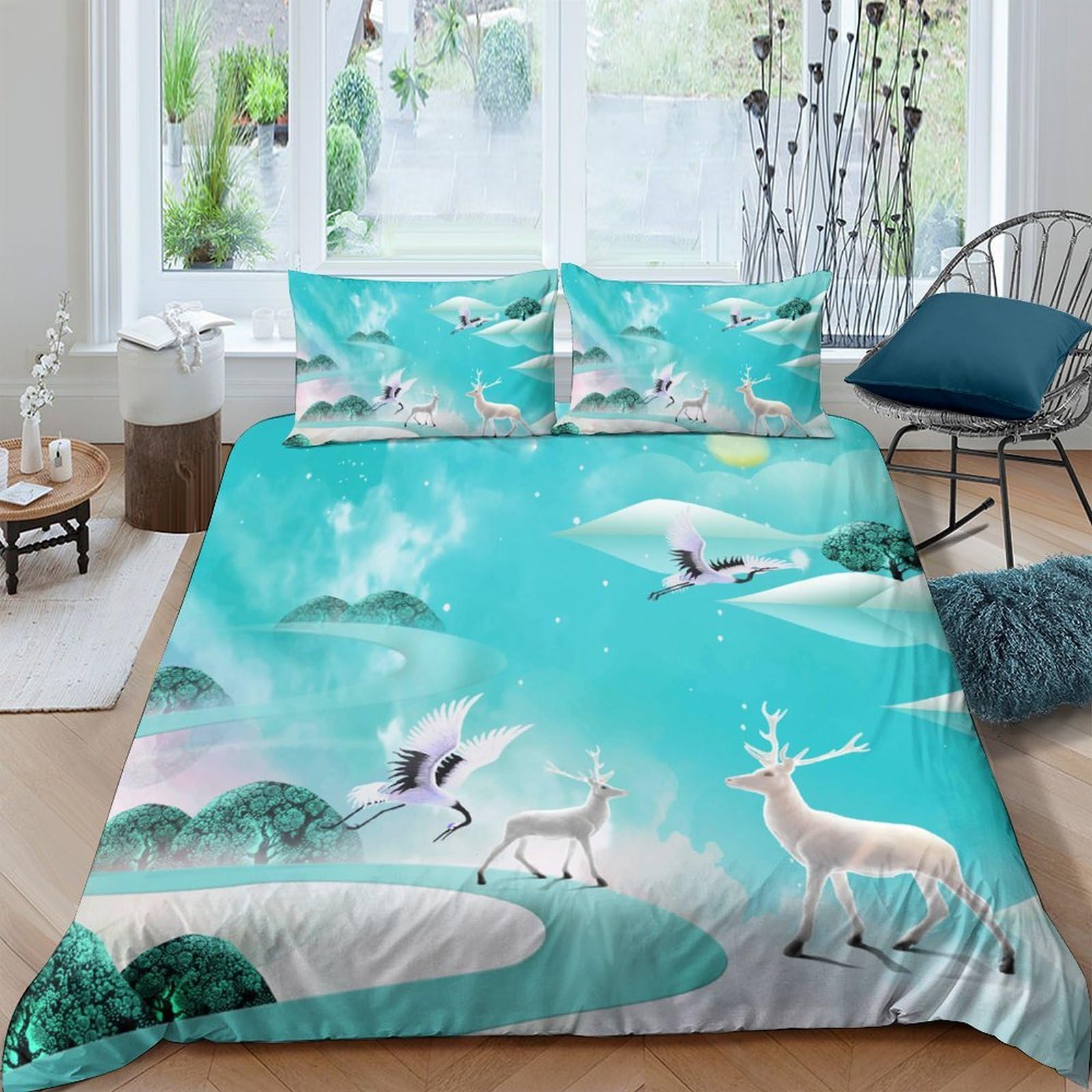 Ctjqhvkz Style-10 3D Printed Fantasy Deer Landscape Fitted Sheet Microfiber Soft Blue Sky Bed Cover For Bedroom Decor Protection Single（135X200cm）