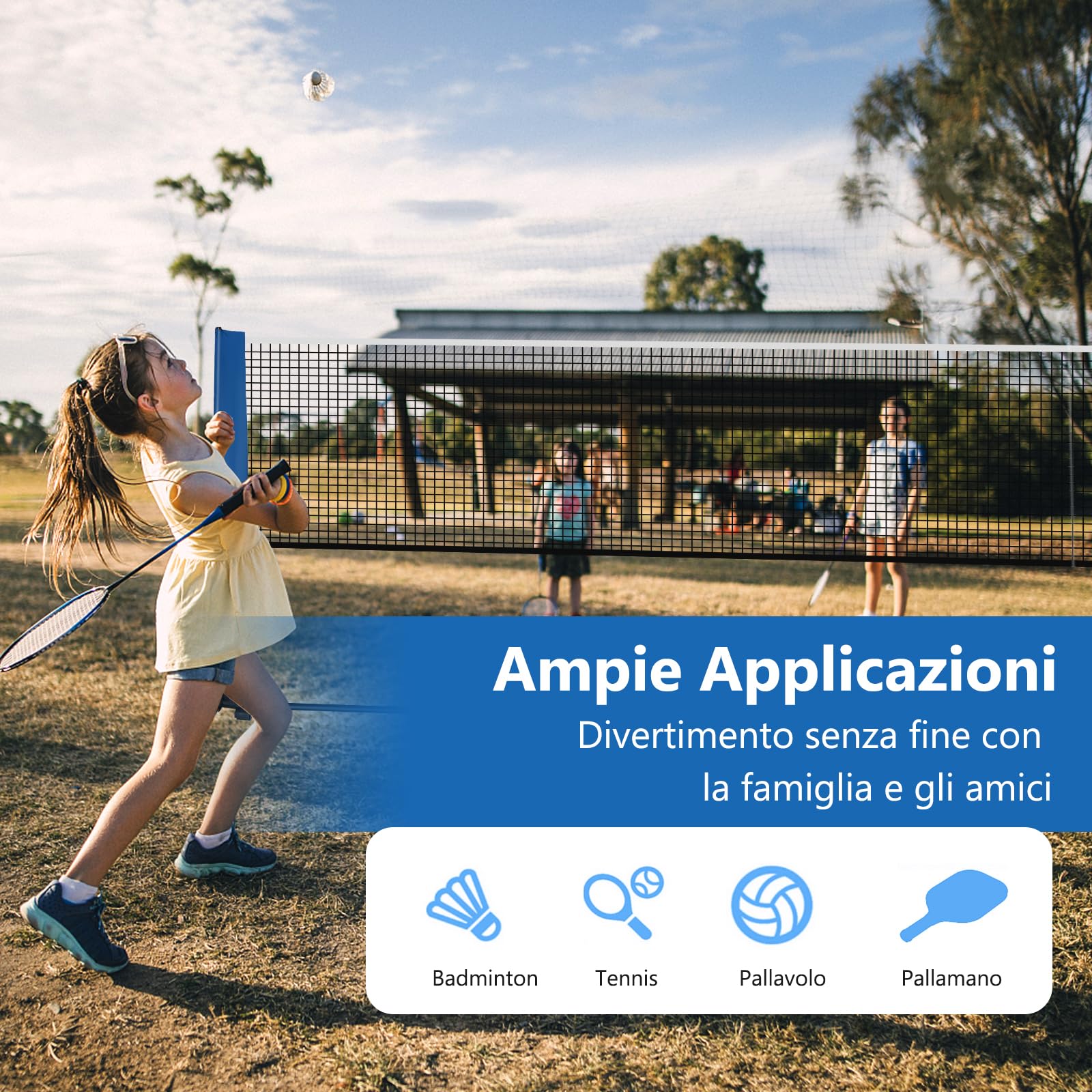 GYMAX Rete da Badminton Portatile, Rete da Tennis Regolabile in Altezza con Pali, Set da Pickleball con Borsa e 2 Volani, Rete Sportiva Facile da Montare, Set da Volley per Interni ed Esterni