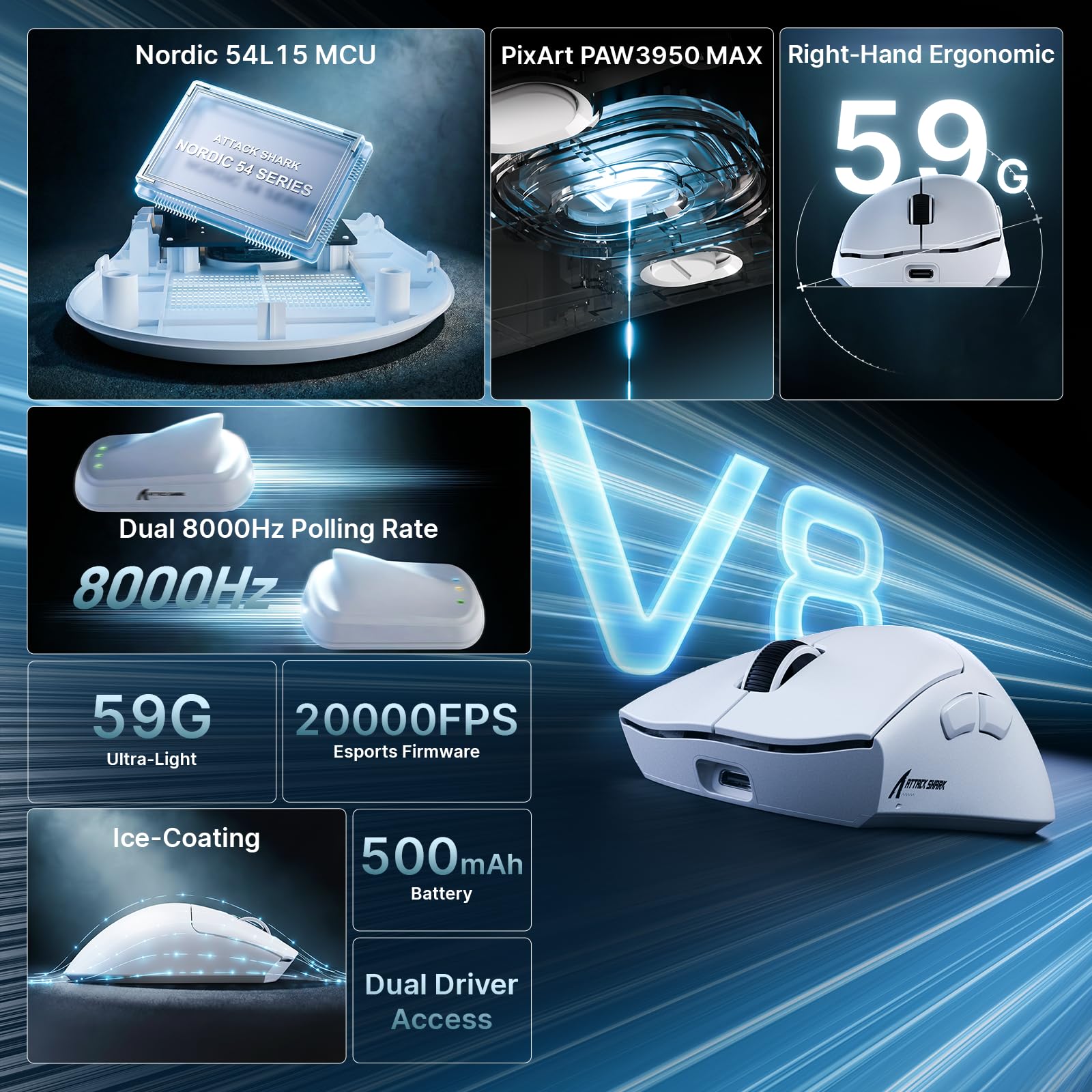 Attack Shark V8 Wireless Gaming Mouse Sensitive High Precision - Dettaglio