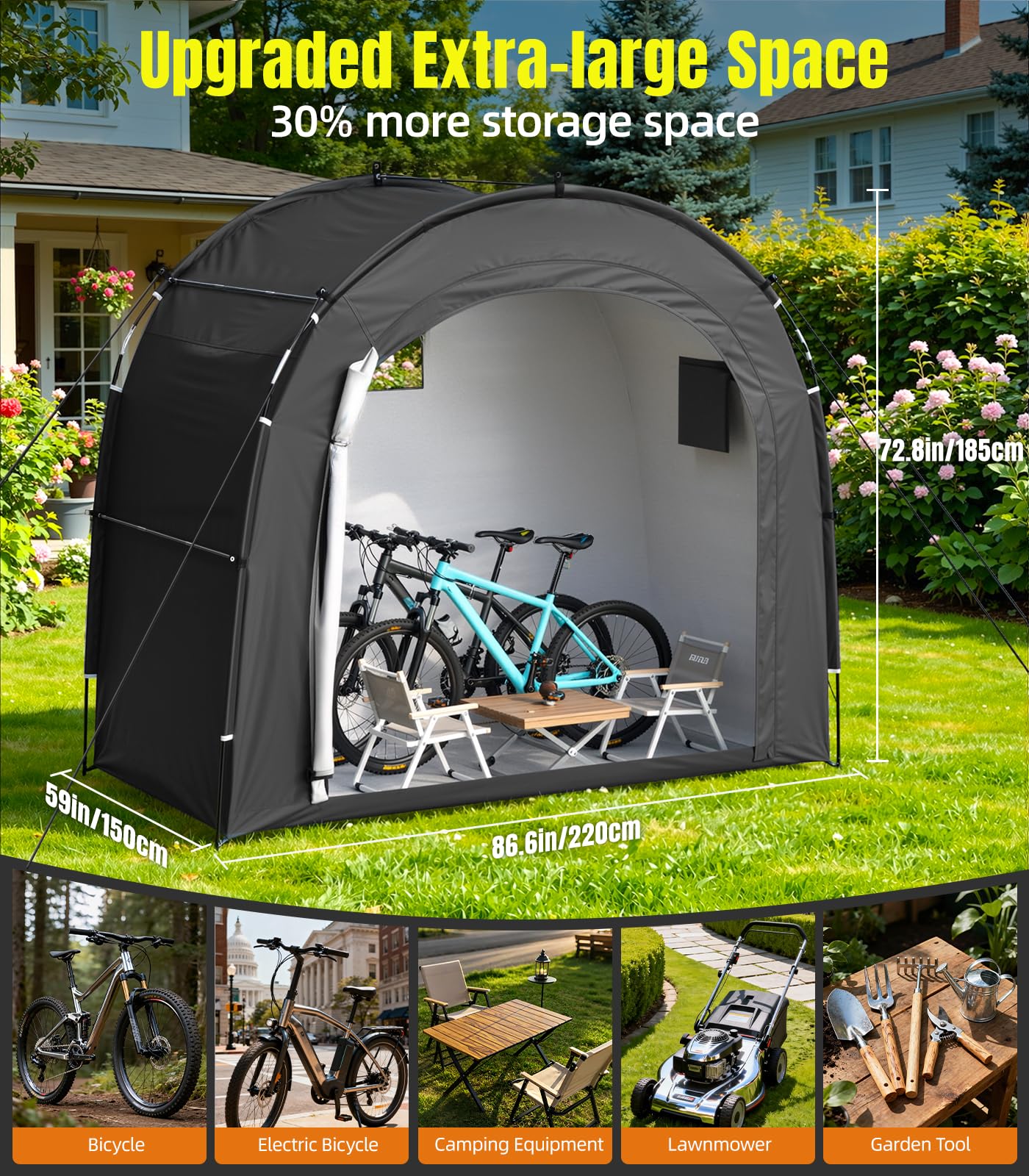 Housolution Tenda Di Stoccaggio per 5 Biciclette con Finestra Ventilata | Copertura Portatile all'Aperto 210D Oxford Spessa PU4000 Impermeabile, Adatta per Biciclette, Tosaerba, Attrezzi da Giardino