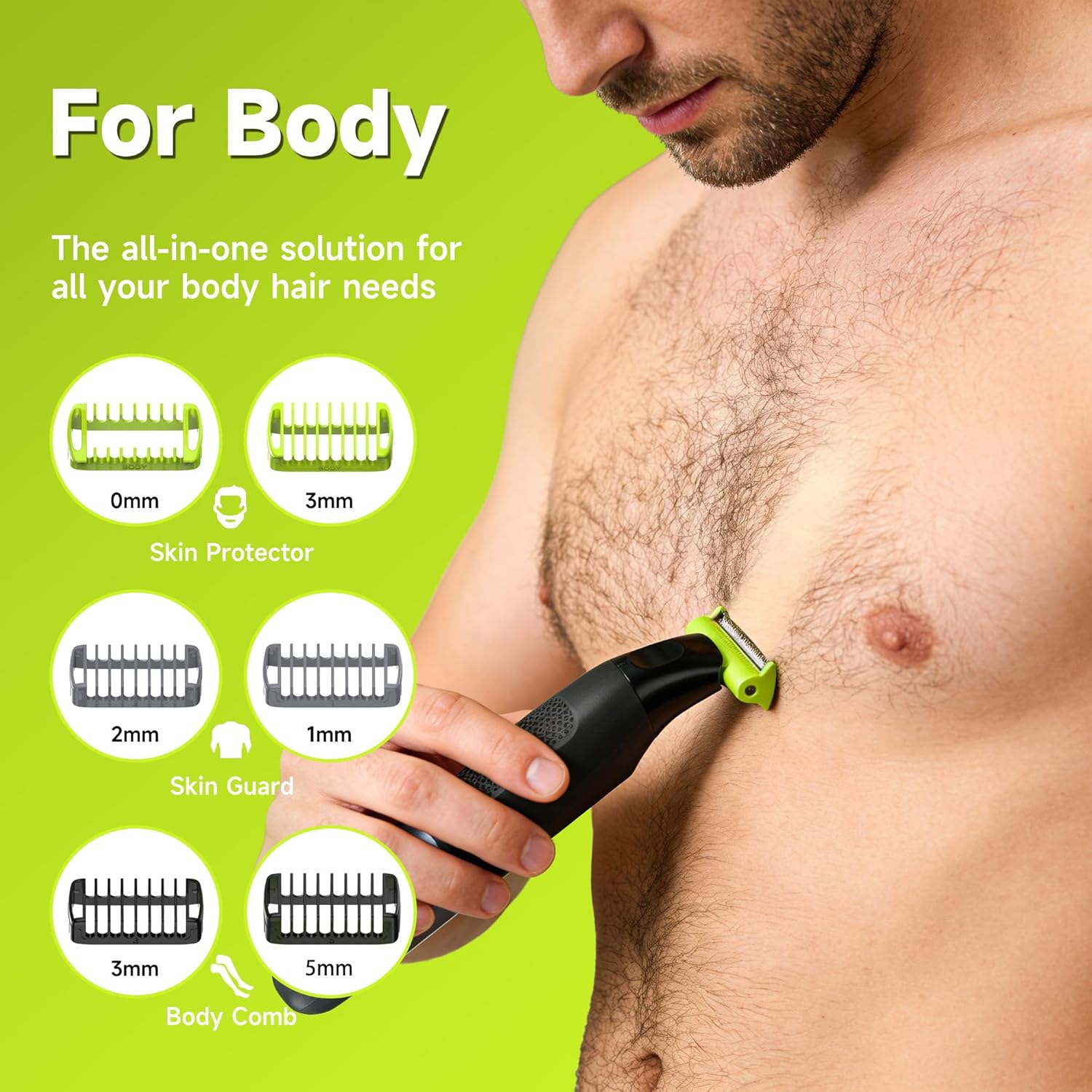 Body Hair Trimmer for Men, Electric Groin & Pubic Hair Trimmer, Painless Body Groomer for Chest, Legs, Bikini, Waterproof Wet/Dry USB-C Rechargeable with Self-Sharpening Blades & 6 Guide Combs