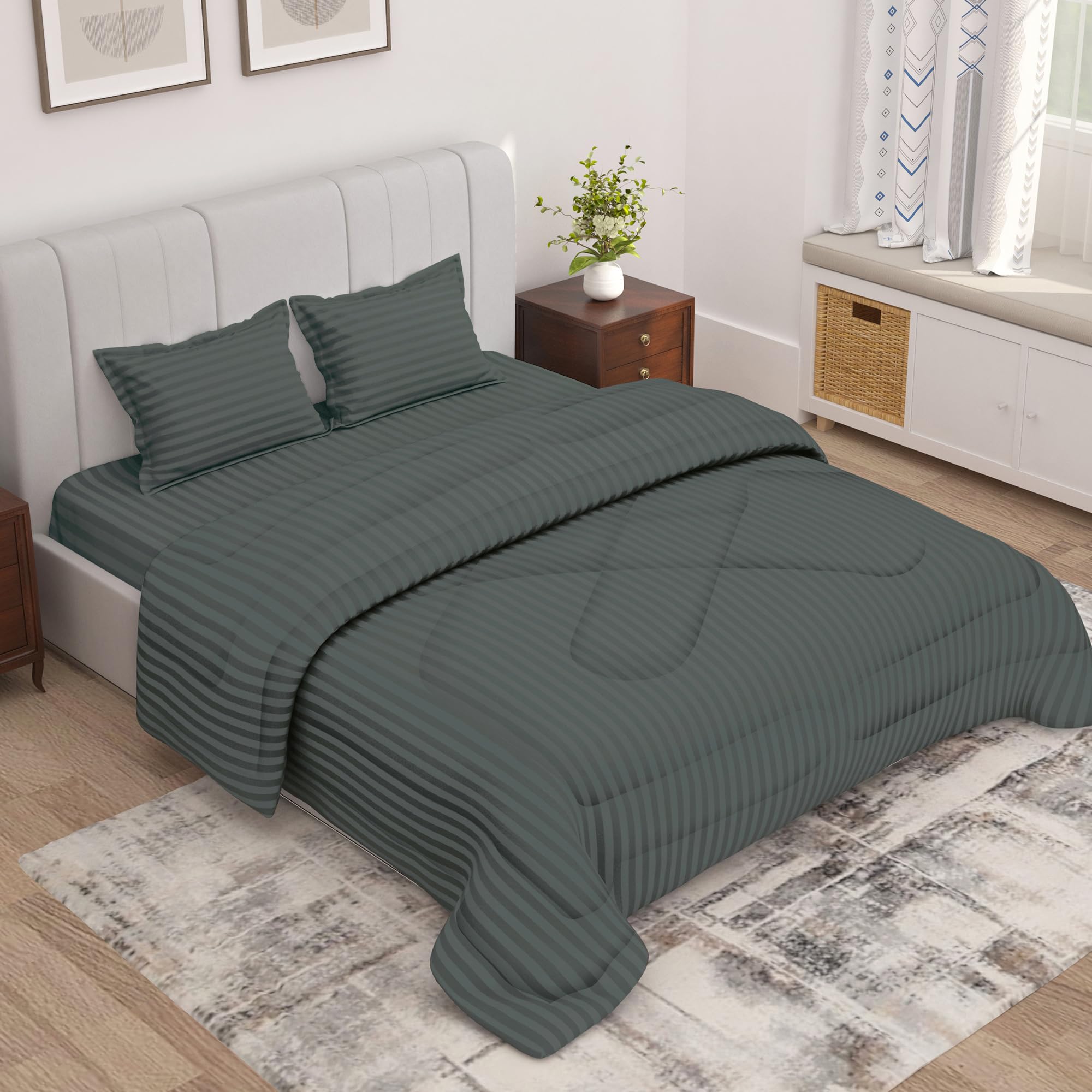 Story@Home Bedsheet Set with Comforter and Pillow 2 Cover Combo | Blanket -180GSM & Bedsheet -300TC | Microfiber | Dark Grey, Stripes Pattern | Blanket for Double Bed | Perfect for Festive Gifting