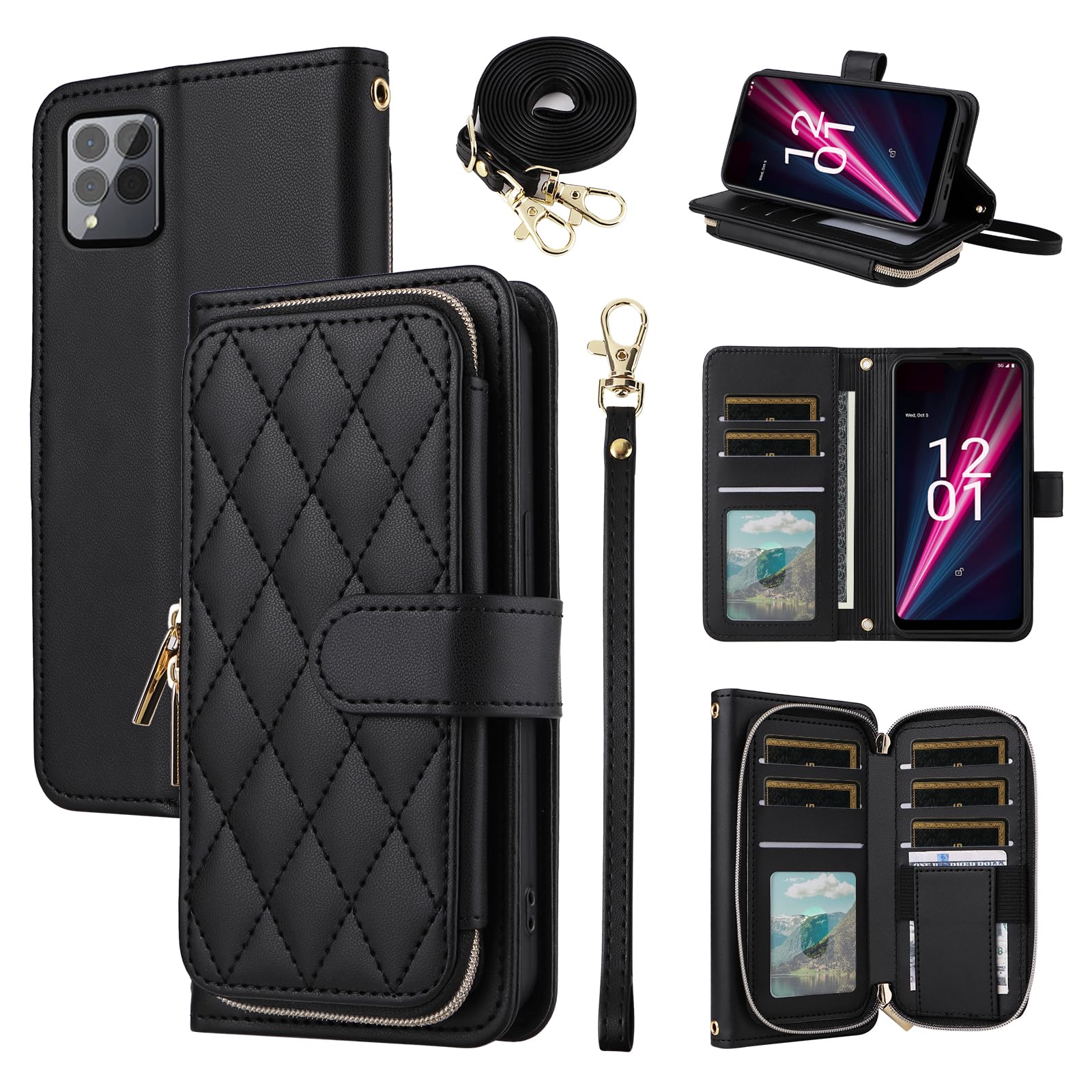Furiet Argyle Wallet Case for T-Mobile Revvl 6 Pro/6X Pro 5G with Wrist Strap Shoulder Strap, 9+ Card Slots Zipper Purse Stand Phone Cover for Tmobile