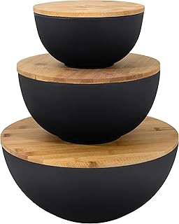 Salad Bowl with Lid - Large Salad Bowl Set of 3 with Wooden Lids, Bamboo Fibre like Melamine Mixing Bowl & Storage Set for Serving Salad, Salad Serving Bowl Set for Pasta, Popcorn, Chips