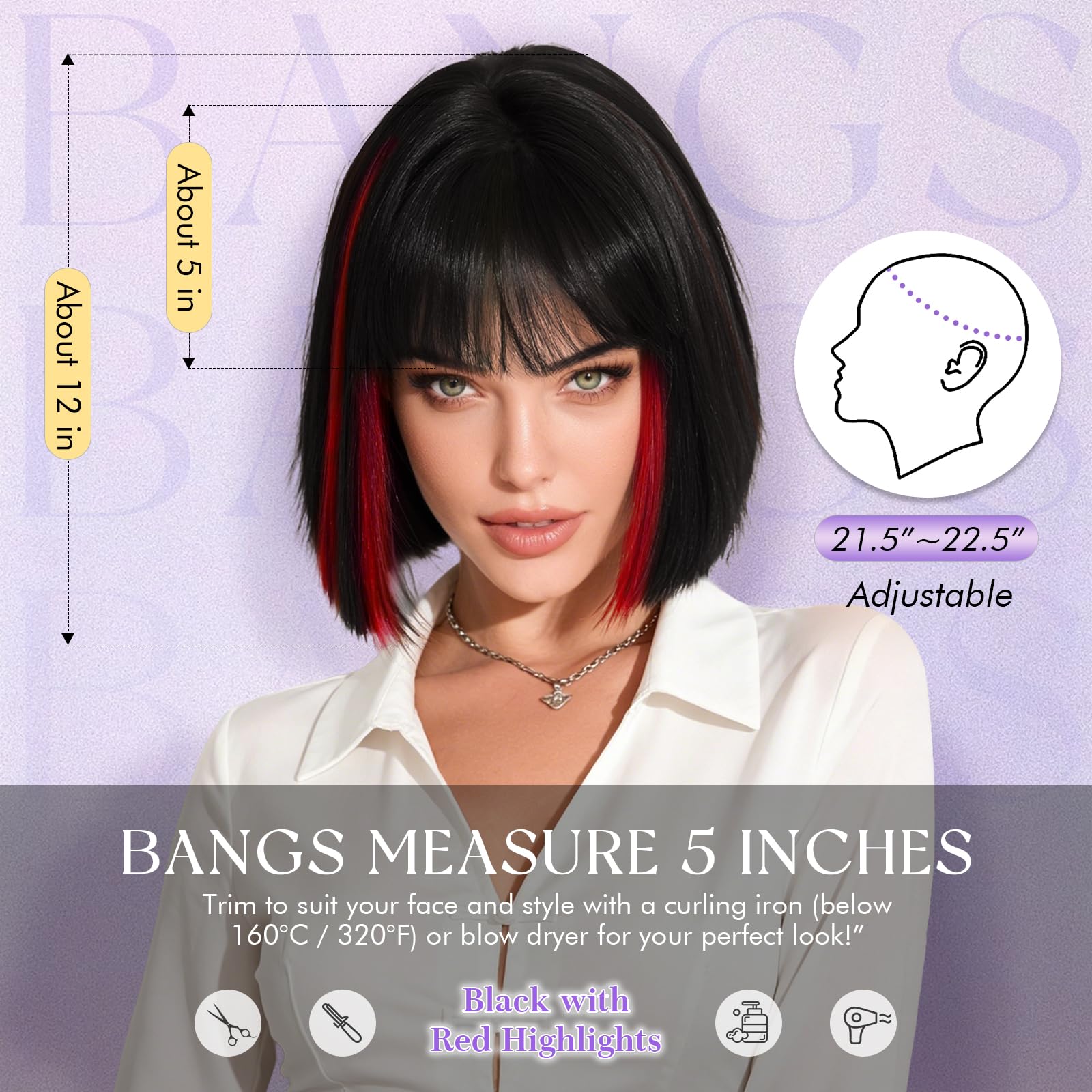 Sofeiyan Peluca con Mucho Volumen,30 cm Pelucas Cabello Natural | Peluca Corta Lisa Bob con Flequillo,Pelucas Sintética para Mujer Diario Fiestas Carnaval Cosplay,Negro con Mechones Rojos