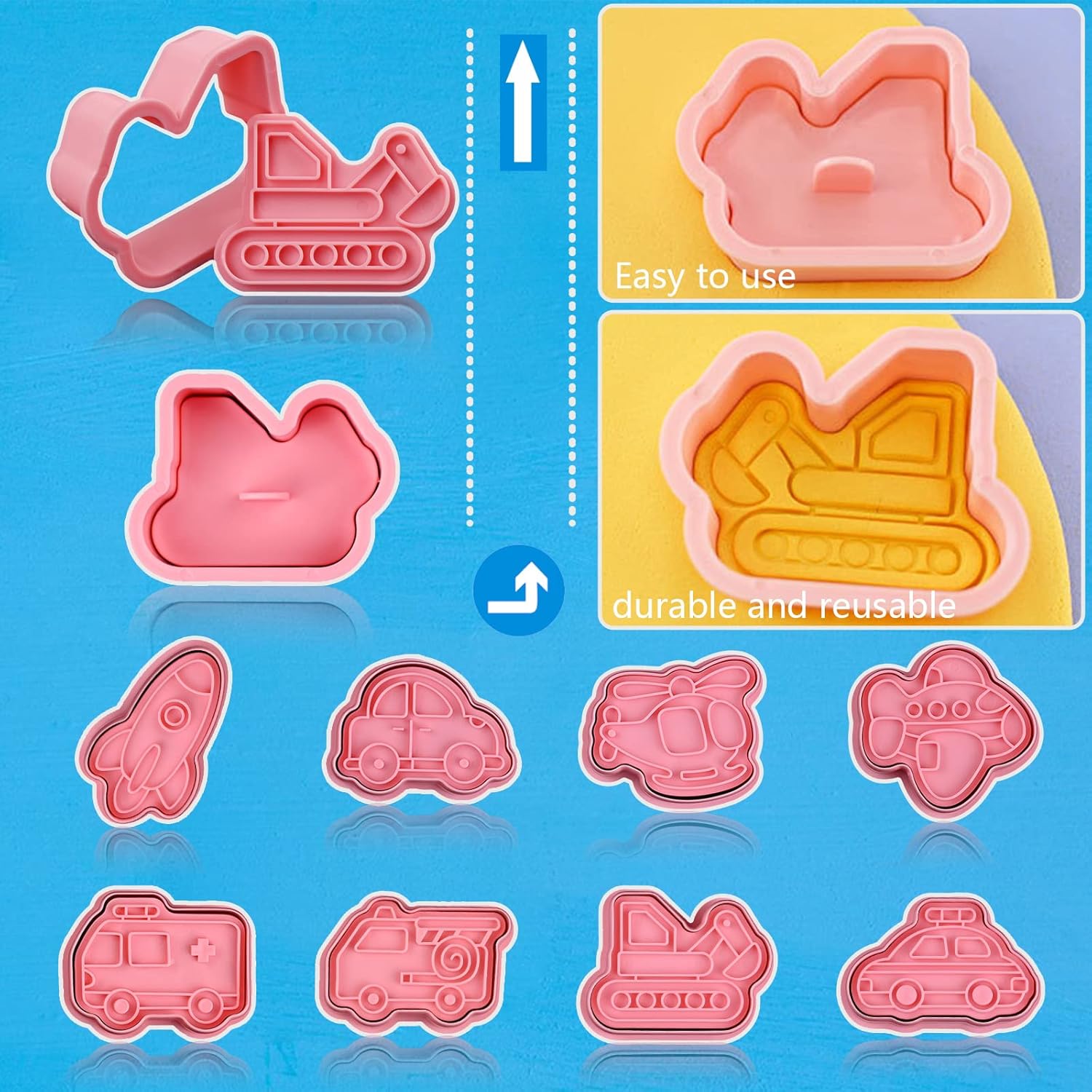 Transportation Vehicle Cookie Cutters With Plunger Stamper,8 Piece Transportation Theme Embossing Cutter For Fondant Biscuit Pastry Cheese Baking - Image 4