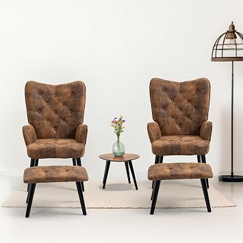ECOTOUGE Rustic Accent Chairs with Ottoman Set of 2, High Microfiber Wingback Chair with Arms, Reading Chair for Living Room, Bedroom Brown