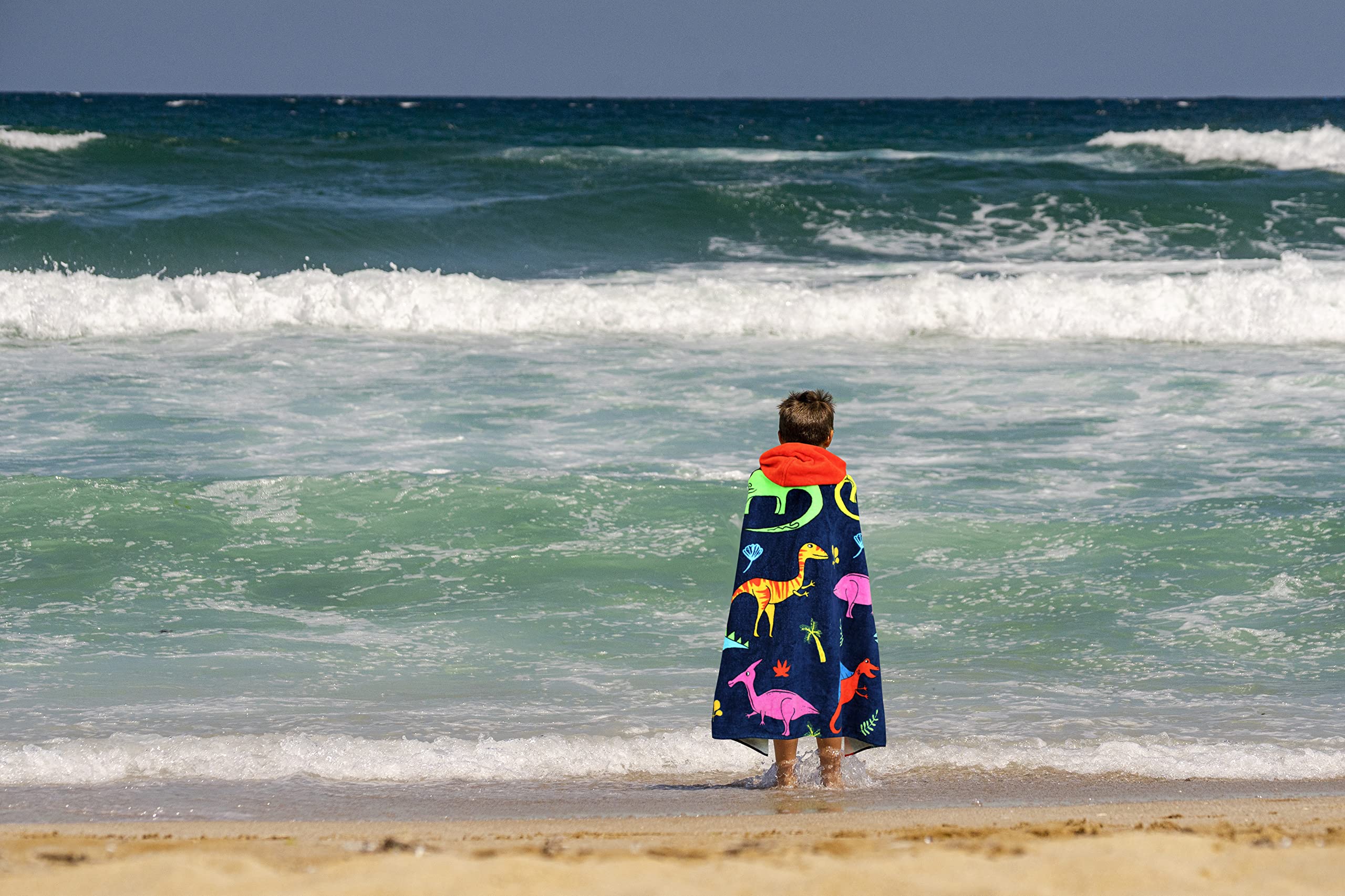 Toalla de playa con capucha para niños, diseño de dinosaurio, tamaño grande de 50 x 30 pulgadas, algodón suave absorbente con capucha para niños, niñas, envoltura/albornoz para