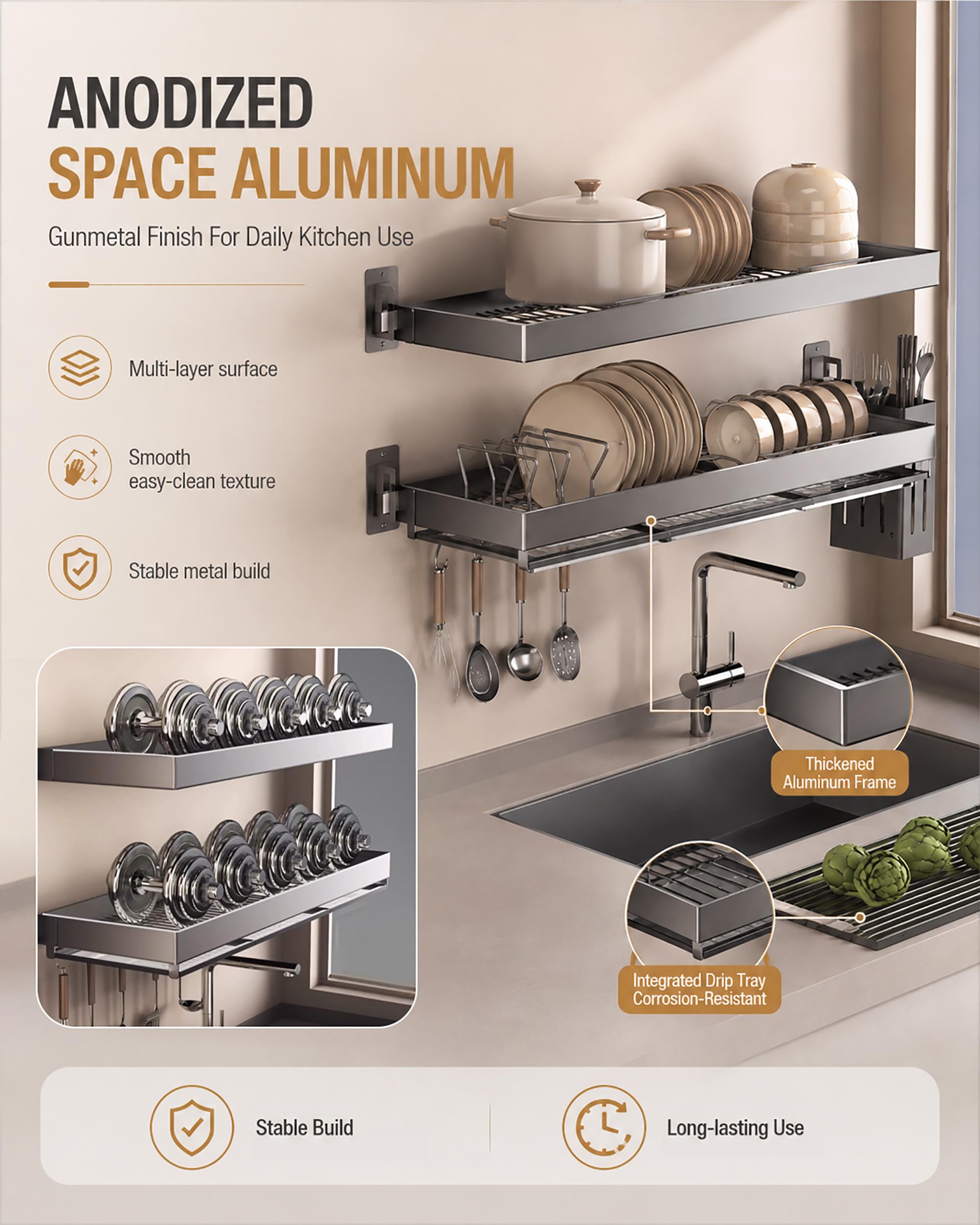 Égouttoir à Vaisselle Mural - Étagère Cuisine Rangement en Aluminium - Gain d'Espace - Gris Gunmetal - 2 Niveaux
