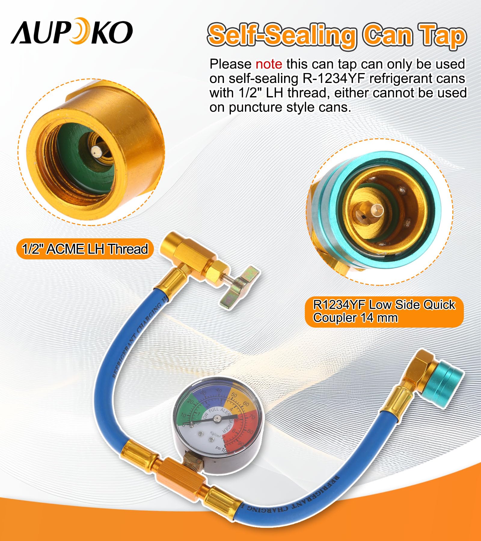 Aupoko R1234YF R1234YF - Kit per tubo di ricarica refrigerante Acme a sinistra per auto e casa A/C Refrigerant System R1234YF Low Side Quick Coupler e manometro per auto e casa A/C Refrigerant System