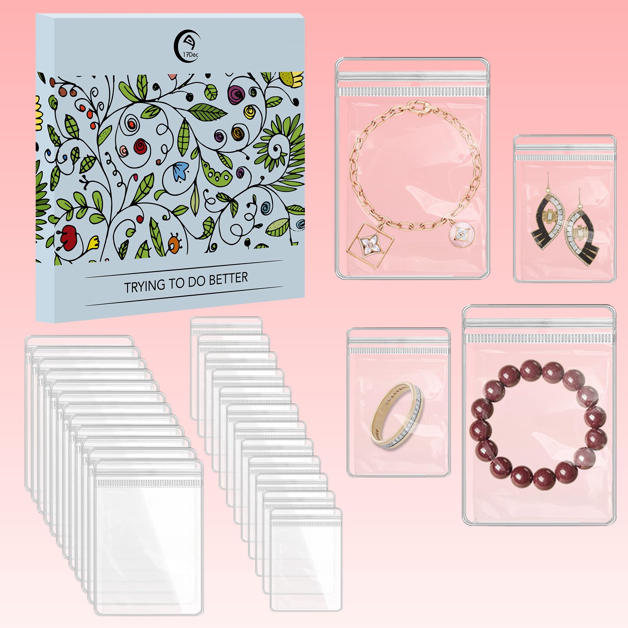 50 Zippered Plastic Jewelry Bags,Small(2.5"x3")and Large(3.5"x5"),Thicker PVC Anti-Tarnish Jewelry Bags Clear Plastic for Gold,Silver,Collectibles,