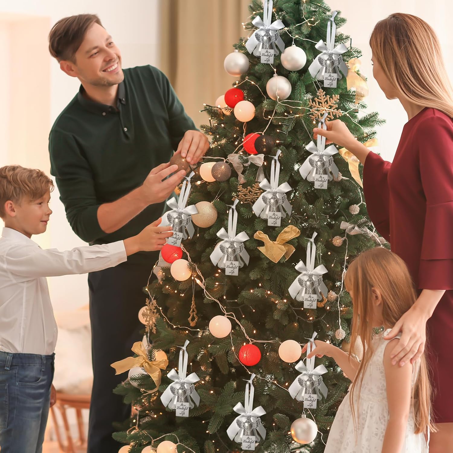 It's a Wonderful Life Inspired Christmas Bell Ornament - Stainless Steel with Angel Wing Heart Charm, White Ribbon, Larger Size, Festive Jingle Bell for Holiday Tree & Mantel Decor - Image 6