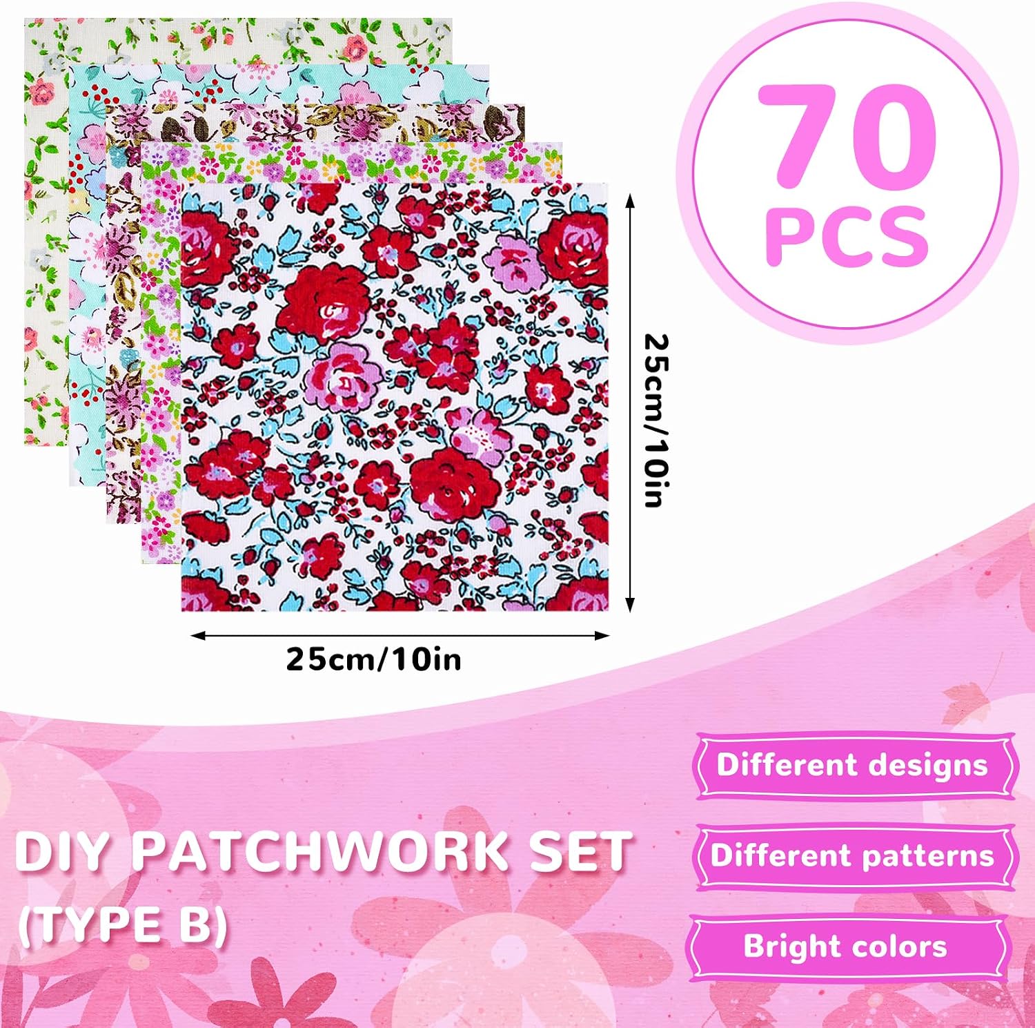70Pcs 10 x 10 Inch Quilting Cotton Fabric Squares Layer Cakes Multicolor Floral Printed Fat Quarters Fabric Bundles for Patchwork, Quilts, Sewing, Bags, and DIY Crafts (B) image 3
