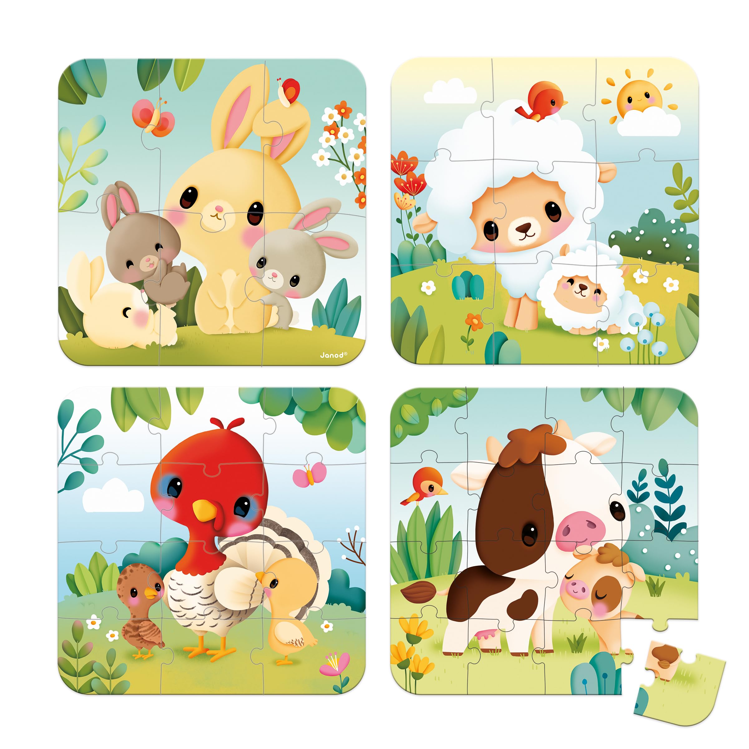 Janod, 4 Farm Animal-Themed Progressive Puzzles, 6-9-12-16 Pieces, Children’s Toys, Educational Games, Dexterity and Patience - Image 2