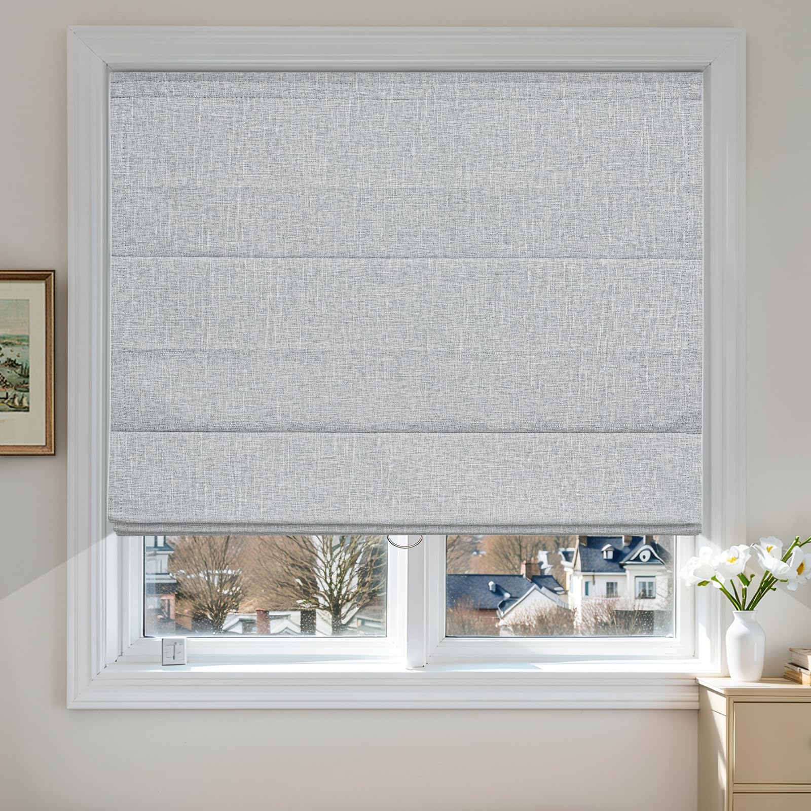 Pasoun Cordless Roman Shades Custom Blackout Shades, Waterproof Fabric Roman Blinds for Indoor Windows, Pull Down Thermal Insulated Blinds for Home Bedroom (Light Gray, Custom Size)