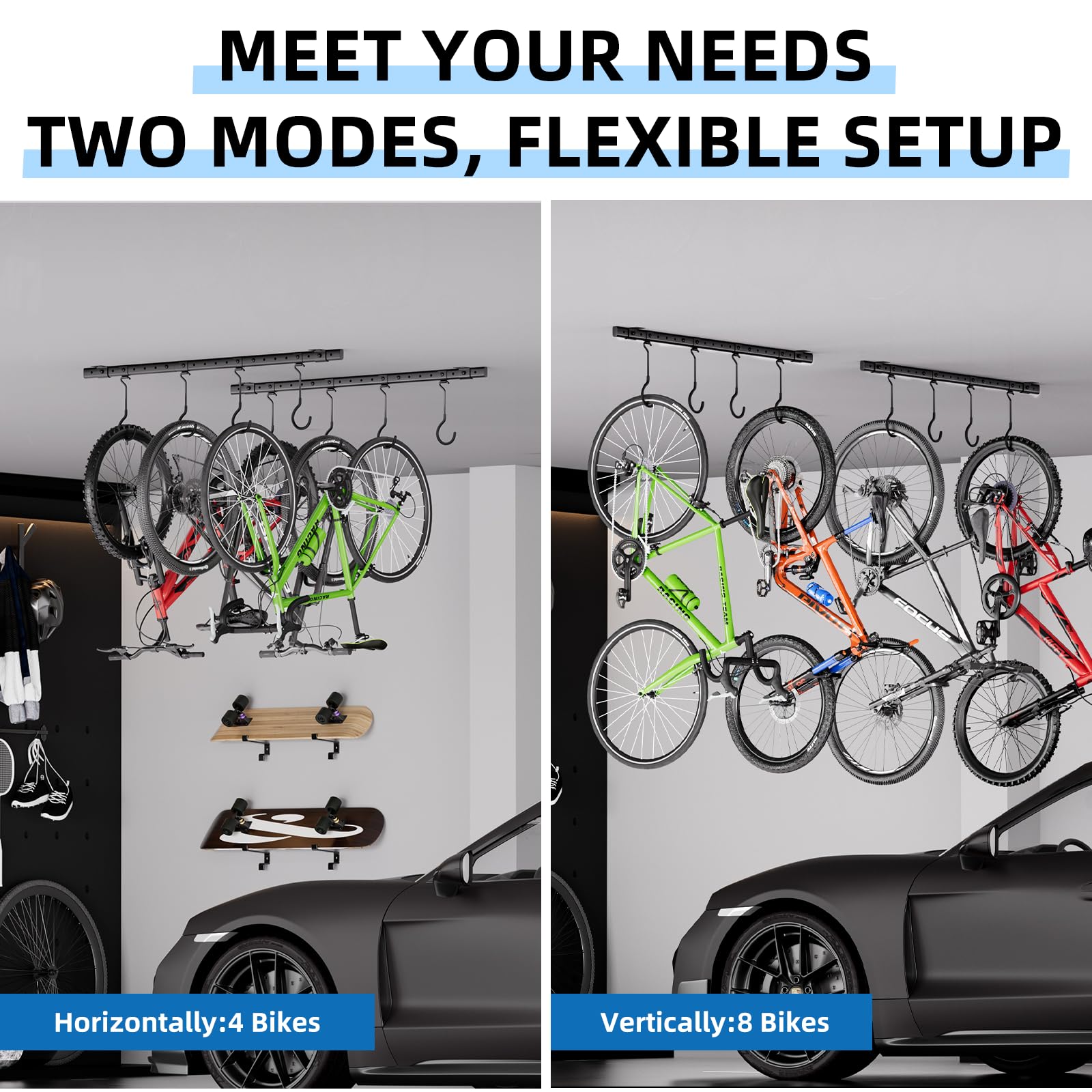 Urban Deco Portabici da soffitto per garage, sistema di ganci per biciclette con 8 ganci regolabili da soffitto per contenere 4-8 biciclette, soluzioni di archiviazione per biciclette da garage per