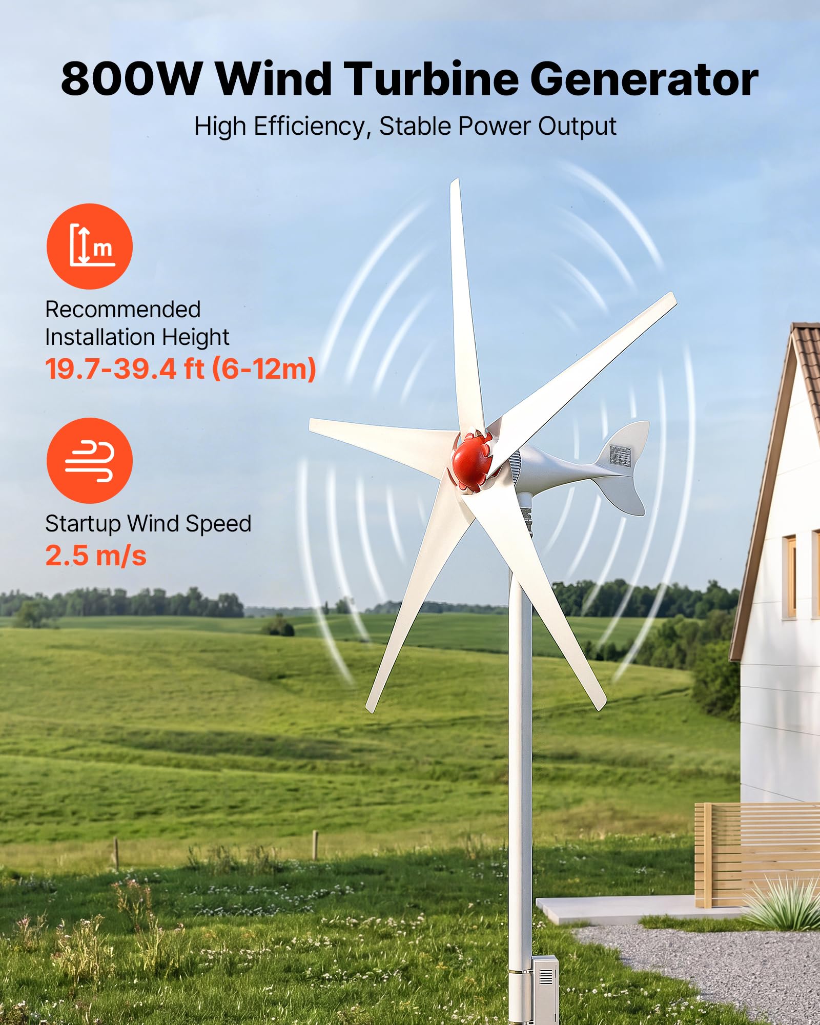 VEVOR 800W 12V Horizontale Windkraftanlage Windturbine mit MPPT-Laderegler, 5 Rotorblätter, 3-Phasen-Wechselstrom, IP67 & Überladeschutz, Windgenerator für Wohnhaus Bauernhof RV Marine & Inselsystem