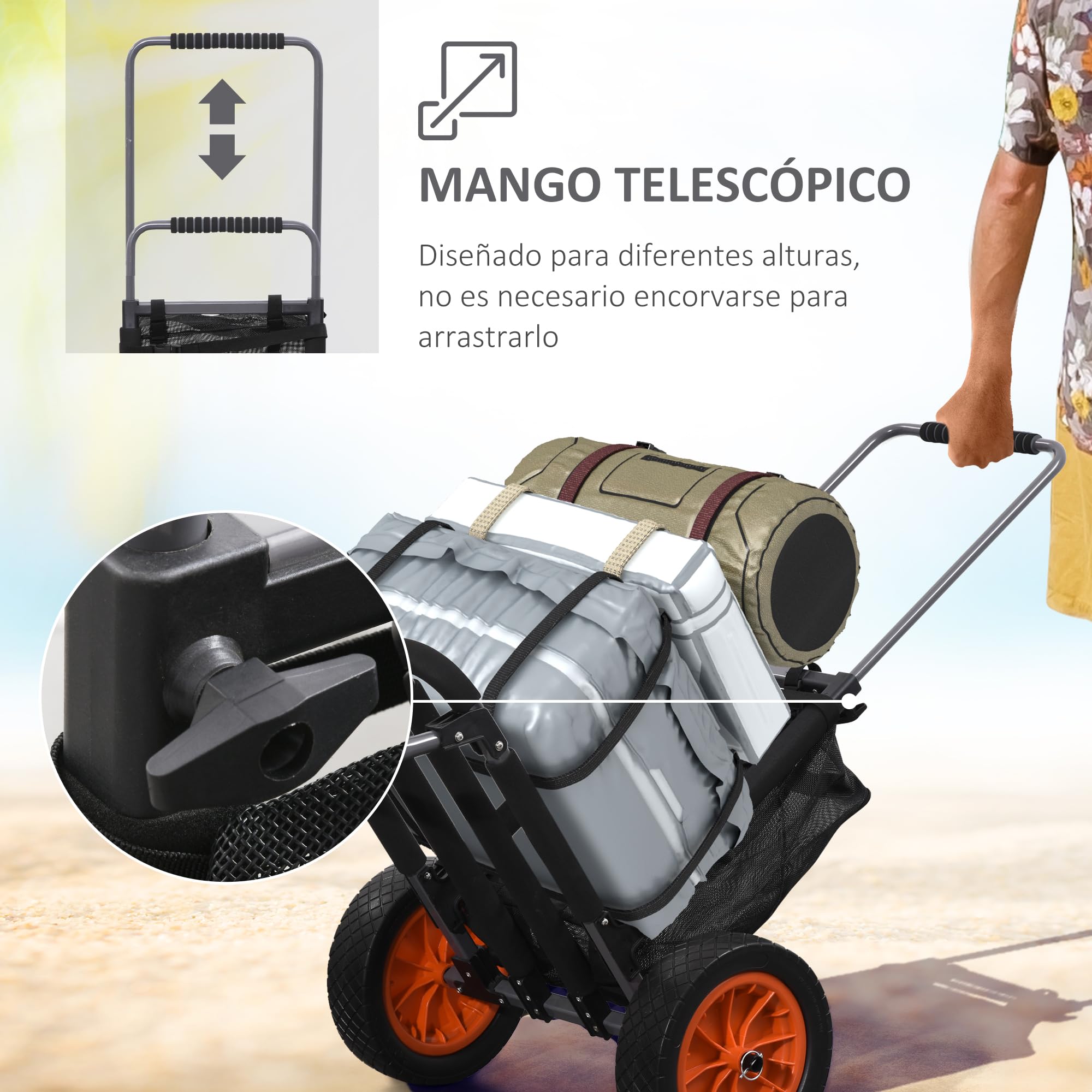 SPORTNOW Carro Playa Plegable, Carro Transporte con Grandes Ruedas de 30 cm para Todo Terreno, con Bolsillo de Malla y Mango Telescópica de Aluminio, para Jardín, Campaña, Compra, Carga 150 kg, Gris