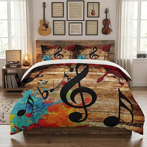 Juego de edredón tamaño twin con funda de almohada, Musical Music Disco 2 piezas de ropa de cama para niños y adultos, juego de edredón suave de
