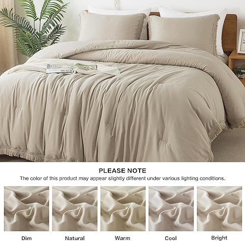 Miniatura 8 de Andency - Juego de edredón con borlas color avena, tamaño California King, 3 piezas. Juego de edredón ligero con borlas estilo bohemio, de felpa