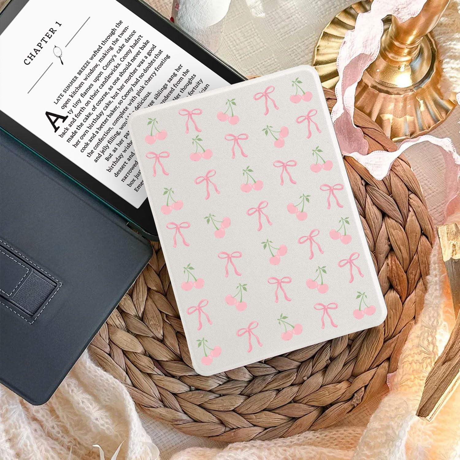 Cute Pink Bow Cherry Case for 7" Kindle Paperwhite(12Th Gen,2024)&Kindle Colorsoft Lovely Kawaii Pattern Cover with Hand Strap Soft Pu Leather Case Compatible with Kindle Auto Sleep&Wake