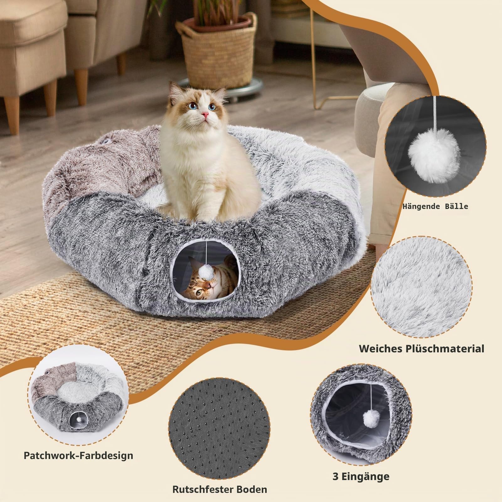 Odoland Katzentunnel XXL Katzenbett Faltbarer Pet Play Tunnel Interaktives Katzenspielzeug Spieltunel mit Ball Rascheltunnel für Indoor Kätzchen Welpen Kaninchen