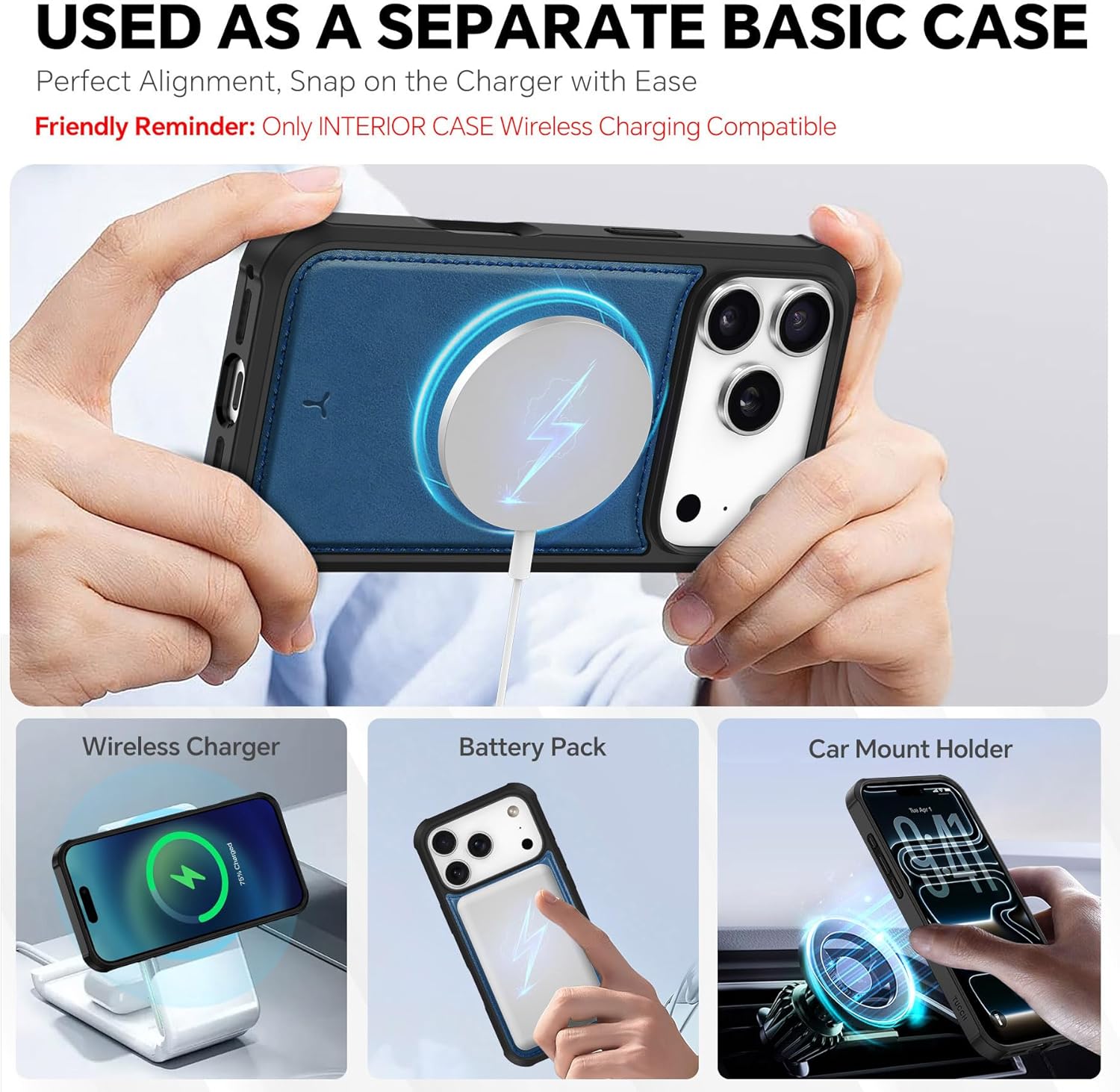TUCCH Detachable Case Wallet for iPhone 17 Pro (6.3") 2025, Wrist Strap | 4 Card Slots RFID Blocking | Wireless Charging | Stand | 2-in-1 Magnetic | PU Leather | Shockproof Folio Cover | Light Blue