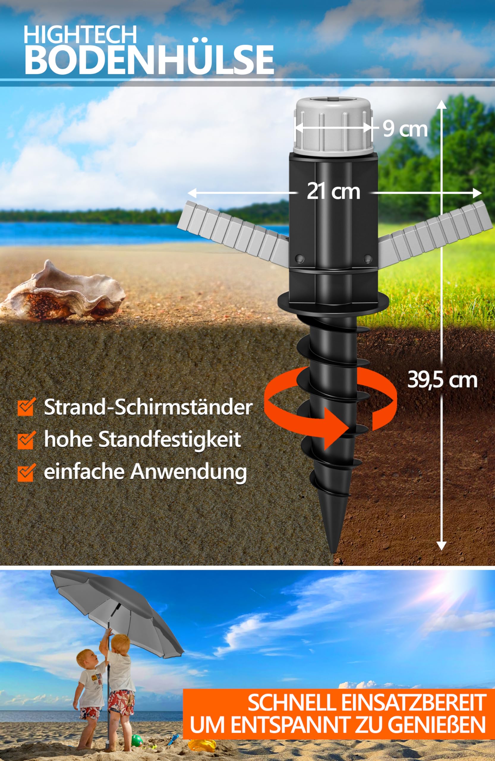 4smile Sonnenschirm Strand SunnyJoy, 3-in-1 SET, Anthrazit - UPF 50+ Strandschirm Ø 180 cm + Sonnenschirm-Bodenhülse + Sonnenschirmhülle - Komplettes Sonnenschutz Strand Set