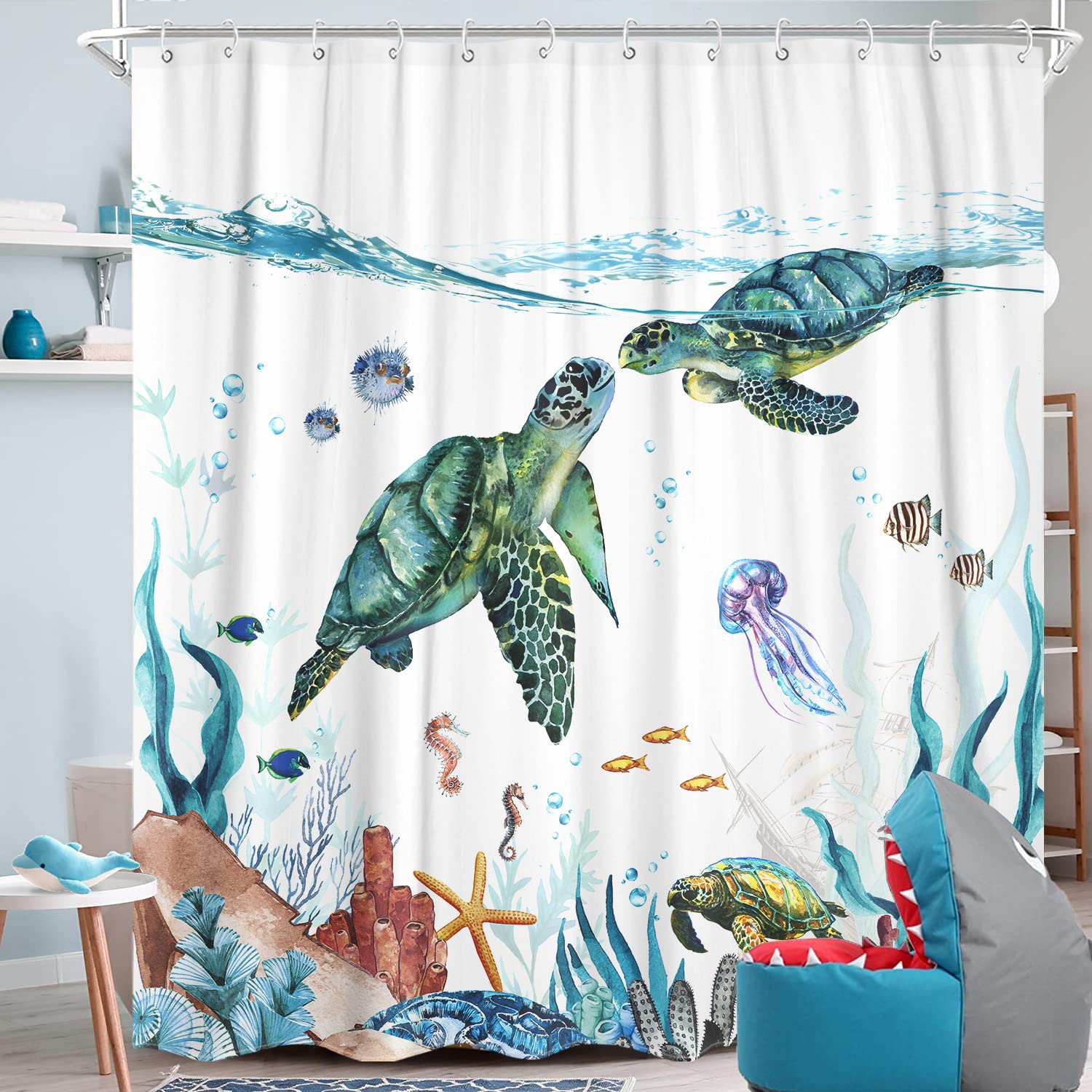 Zussun Tenda Doccia In Tessuto Impermeabile 90x170 Cm – Design Oceano Con Tartaruga Marina E Polpo, Verde Acqua