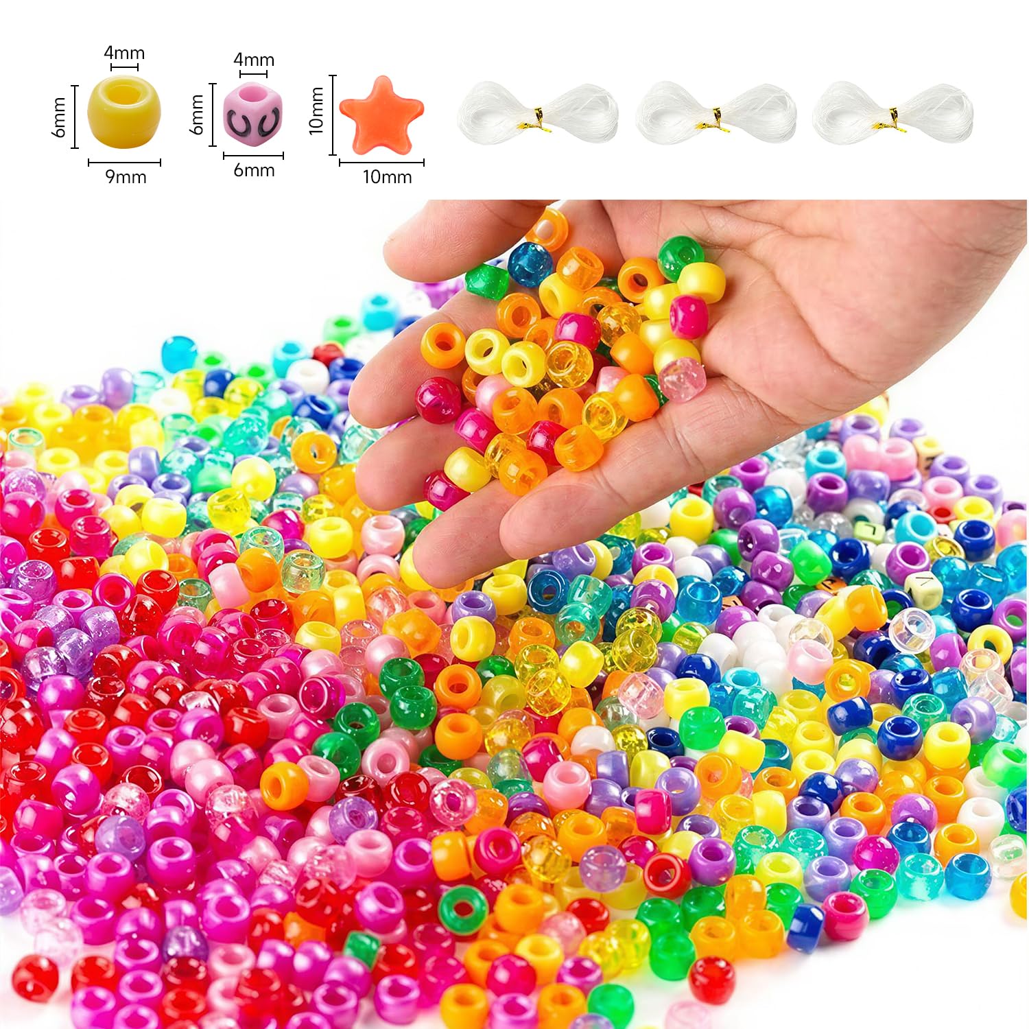 INSCRAFT Set di perline Pony da 9 mm, 3300 pezzi, in 23 colori, con lettere e stelle, corda elastica per la creazione di braccialetti e gioielli