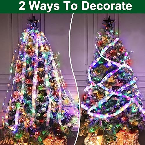 Miniatura 5 de TURNMEON Paquete de 2 y temporizador Cintas de árbol de Navidad, decoraciones extralargas en total de 40 pies, 120 LED, 8 modos, funciona con pilas,