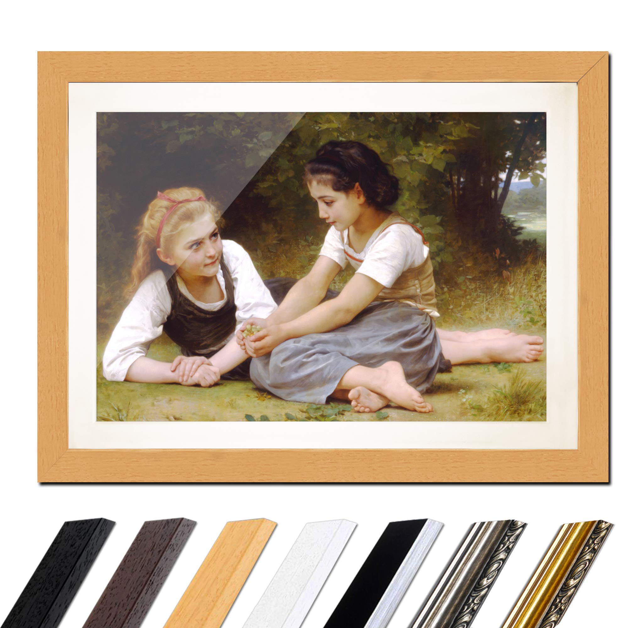 Bilderdepot24 Bild mit Rahmen - William-Adolphe Bouguereau Die Nuss-Sammler 40x30 cm ca. A3 - Gerahmter Kunstdruck inkl. Galerie Passepartout Alte Meister - Rahmen buche