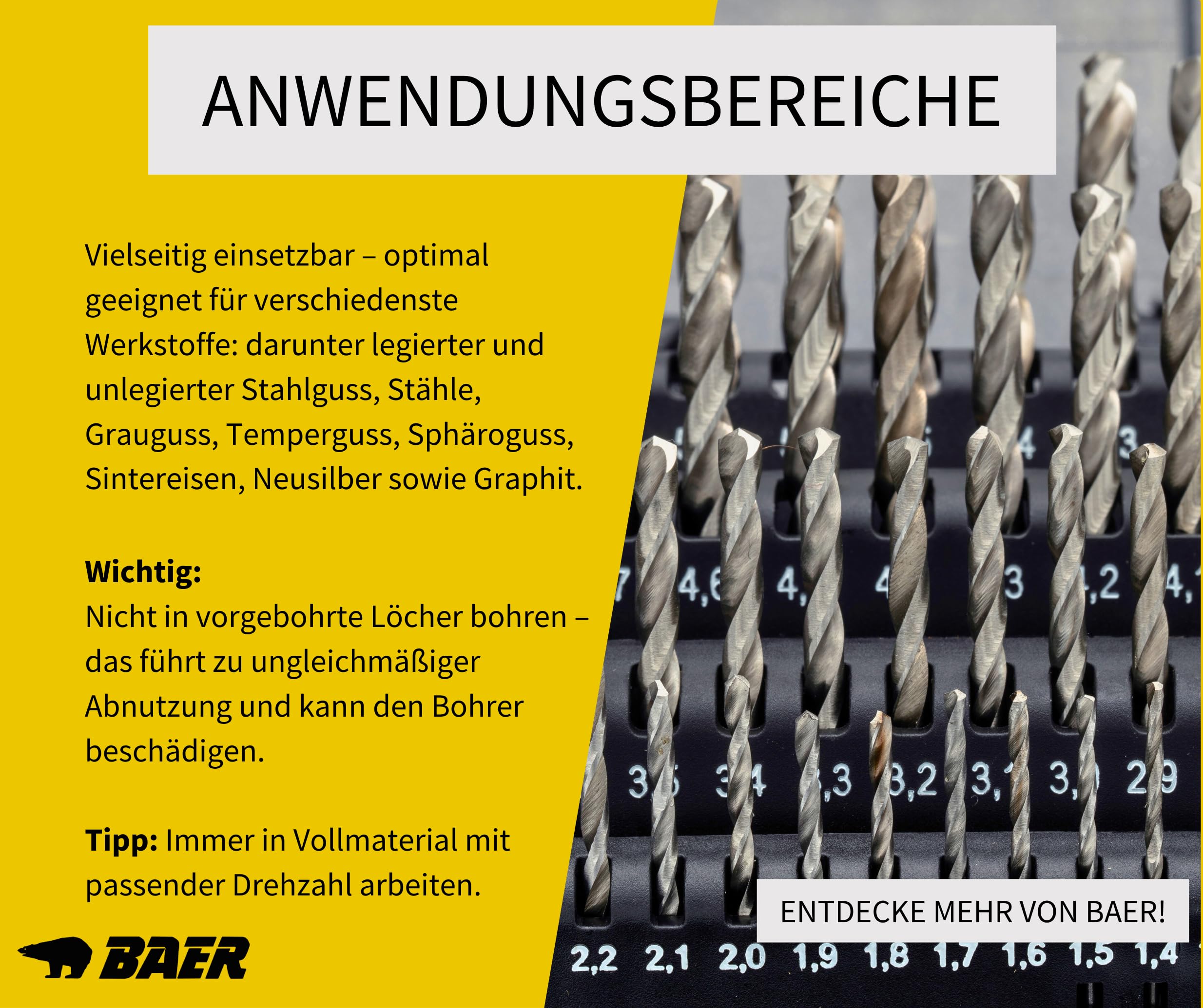 BAER Spiralbohrer Set 51-tlg. │ Ø 1–6 mm (je 0,1 mm) │ HSS-G geschliffen │ DIN 338 Typ N │ Metallbohrer für Stahl, Stahlguss, Grauguss, Gusseisen │ Spiralbohrersatz BaerCoil