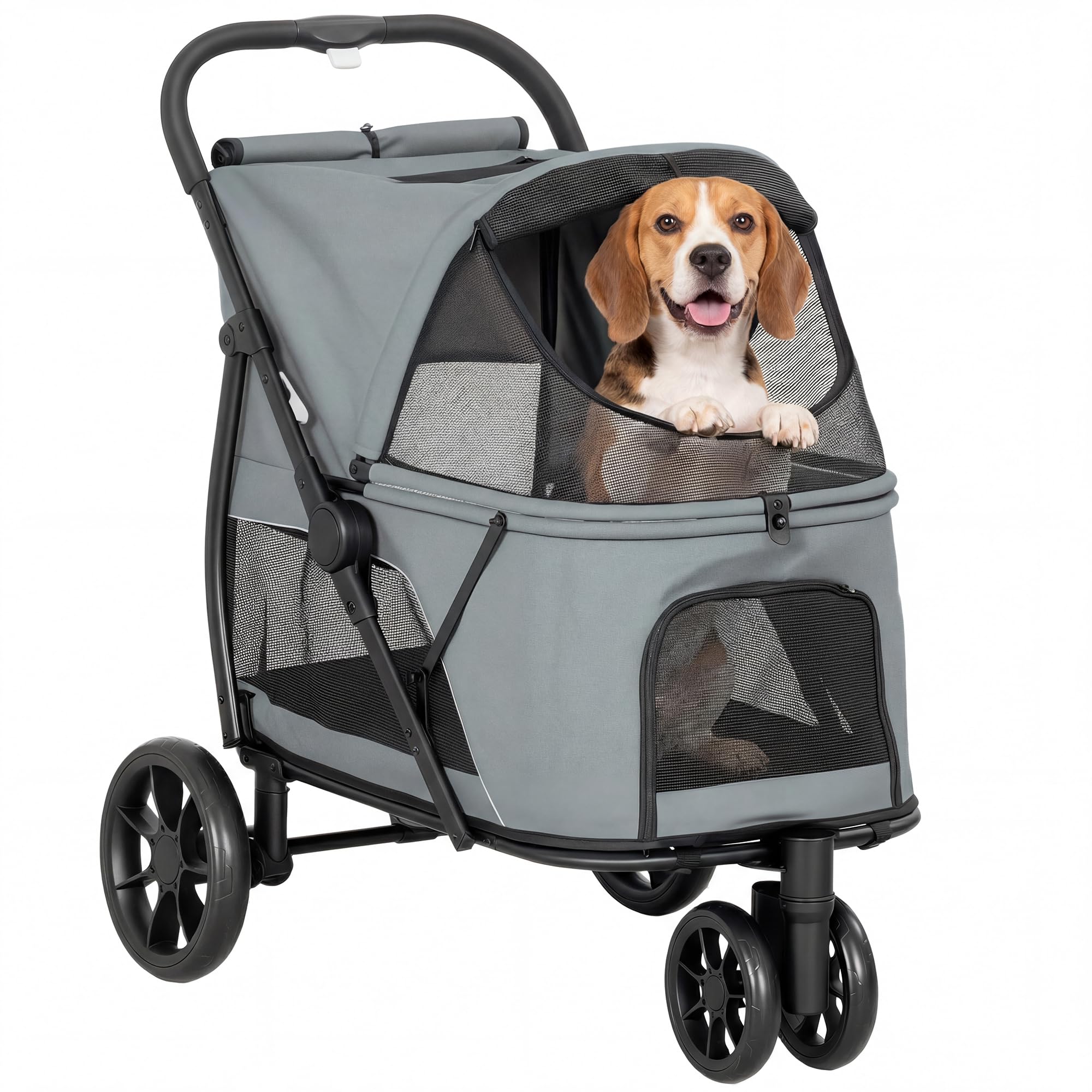 PawHut Carrello pieghevole per cani, passeggino per cani di taglia media con 3 ruote, finestre in rete, cuscino lavabile, tasca, cinture di sicurezza, freni, fuoristrada, carico 20 kg, 92x63x95 cm,