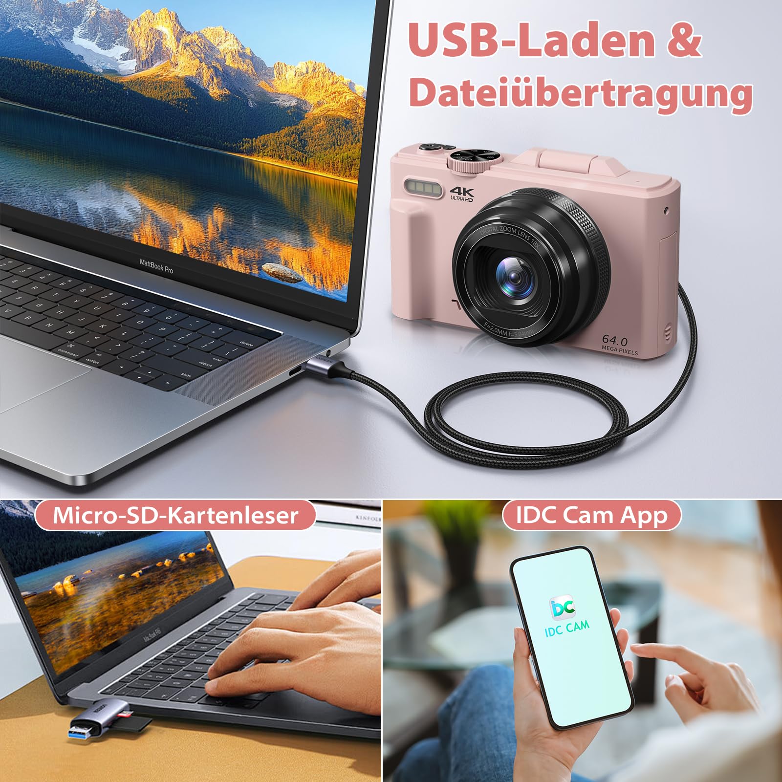 4K Digitalkamera 64MP Kompaktkamera Fotokamera mit Flip Screen Autofokus Vlogging Fotoapparat für einsteiger, 16X Digitalzoom, mit 32GB Karte, 2 Batterien,pink