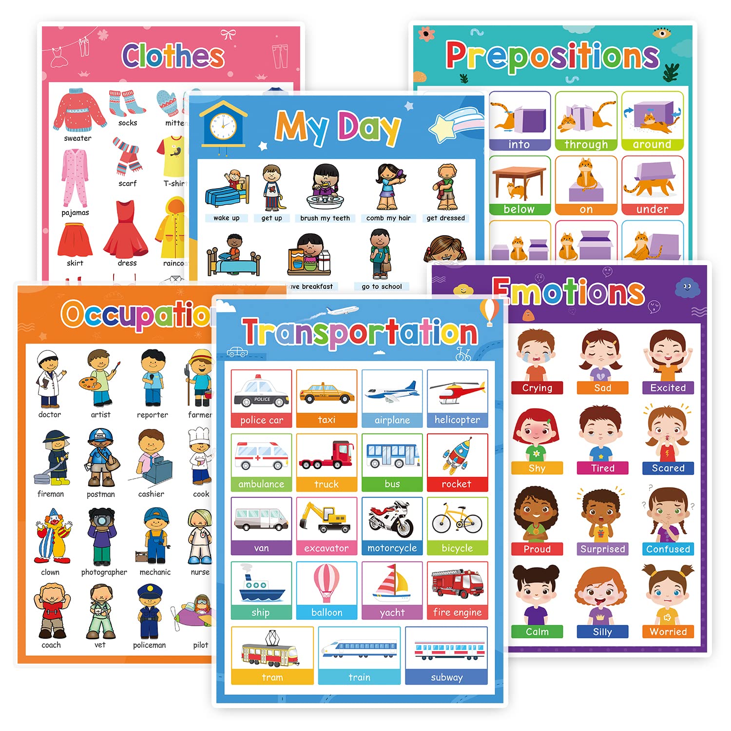 Zwttey 6 Pcs Educational Poster Clothes/Occupations/Transportation/Emotions/Daily Routines, Teaching Aids Classroom Decoration Learning Flashcards Kindergarten Supplies A4 8.26 X 11.22 Inch