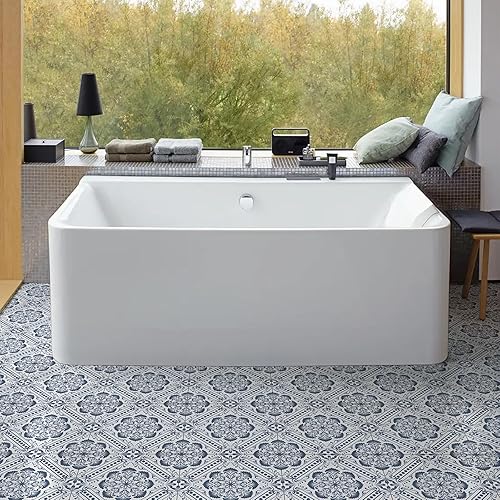 Miniatura 7 de Elffloor Azulejo de suelo autoadhesivo: 10 piezas autoadhesivas, impermeables, 11.8 x 11.8 pulgadas, diseño retro de flores azules para baño,