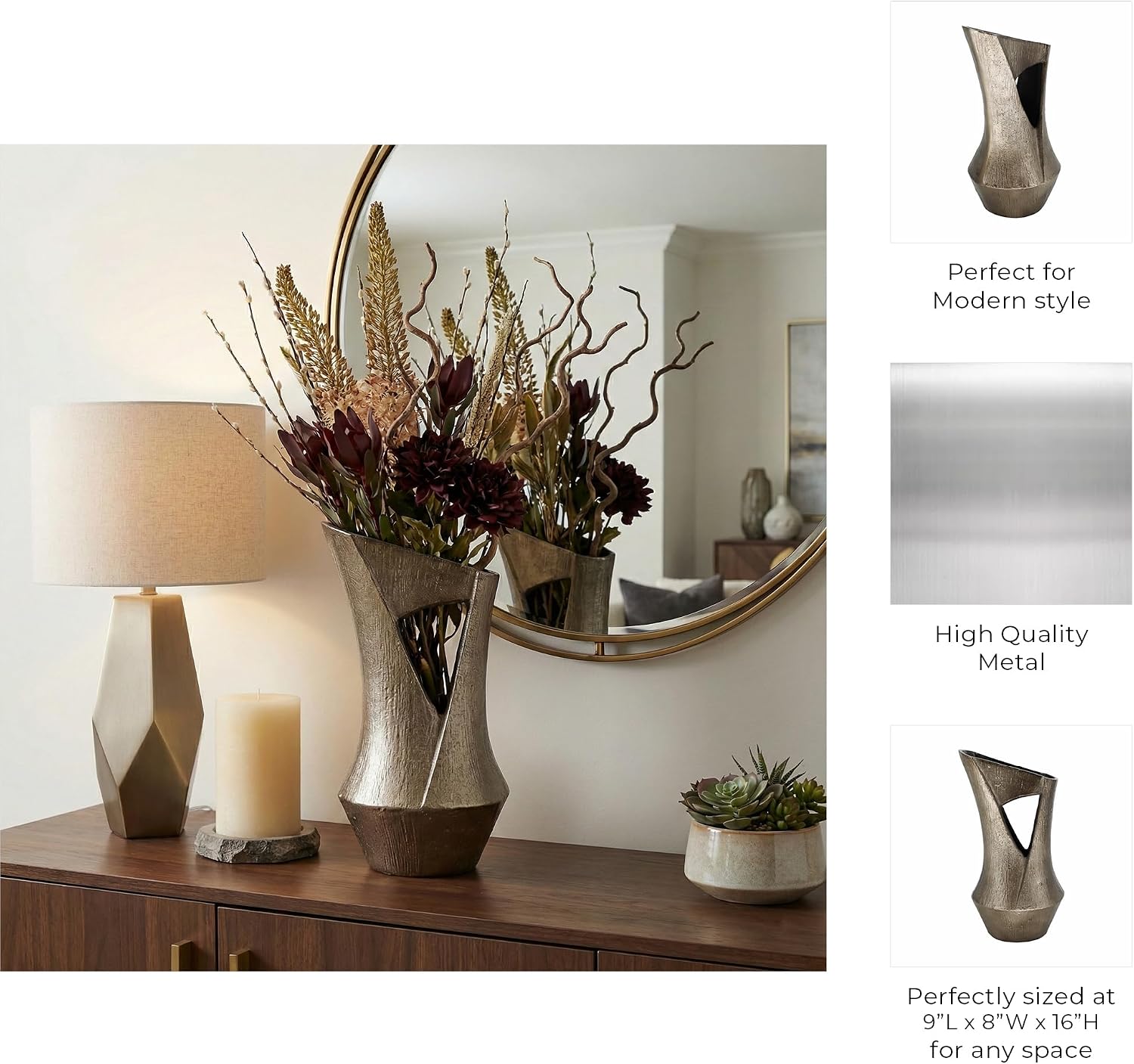 Decorative Small Metal Flower Vase for Living Room - Accent Vase for Home Styling, Bathroom Counter, and Kitchen Centerpiece - Sculptural Display for House and Office Table - 16", Gunmetal & Metallic