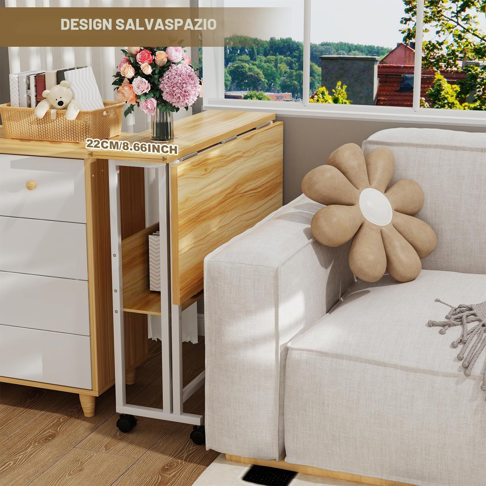 Scrivania pieghevole per computer con ruote, scrivania pieghevole con scaffali, salvaspazio, 80 x 58 x 75 cm, beige