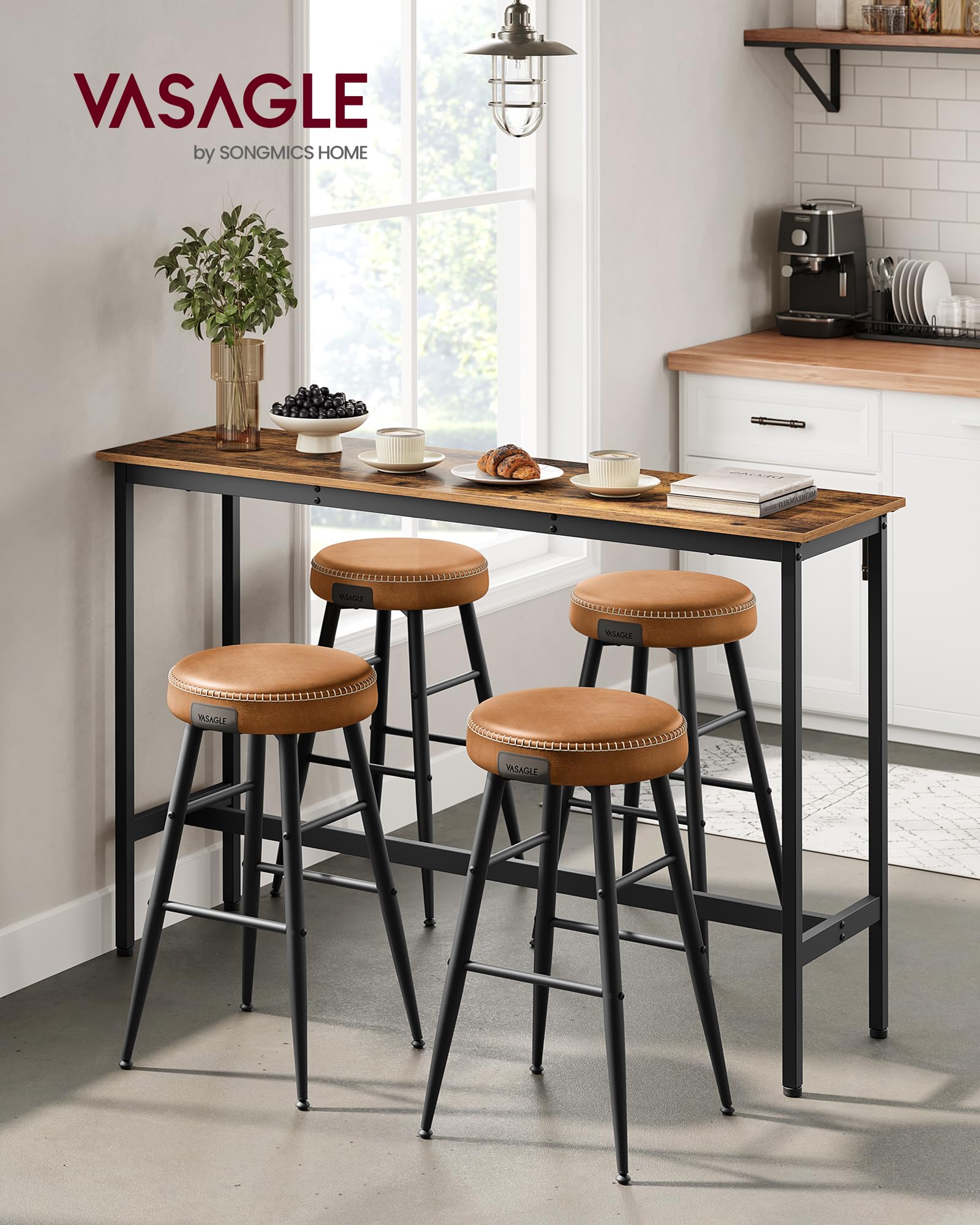 VASAGLE Tavolo da Bar Rettangolare Stretto, Tavolo da Cucina, Tavolo da Pranzo, Telaio in Metallo, 40 x 140 x 90 cm, Facile da Montare, Design Industriale, Marrone Vintage e Nero Inchiostro LBT140B01