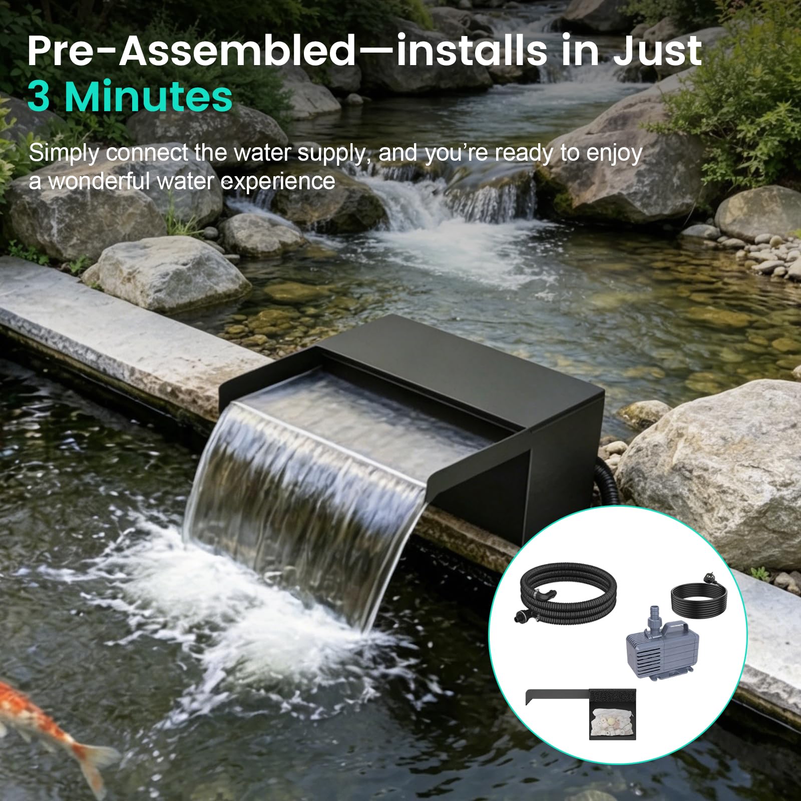 Teichwasserfall Set, 20cm Edelstahl Wasserfall Teich Überlauf für Gartenteich Komplett mit Pumpe Filter, 2500 L/H Pumpe, 3 m Schlauch für Gartenteich Wasserspiel Garten Deko Patio Terrasse Außenteich