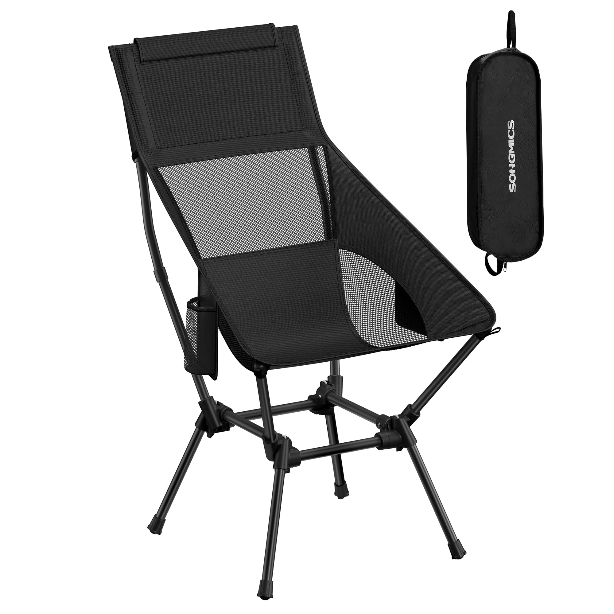SONGMICS Campingstuhl, Strandstuhl hohe Rückenlehne, Gartenstuhl klappbar, höhenverstellbar, Stahlgestell, bis 150 kg belastbar, 2 Seitentaschen, Kopfstütze, Reisen, schwarz GCB051BZ01