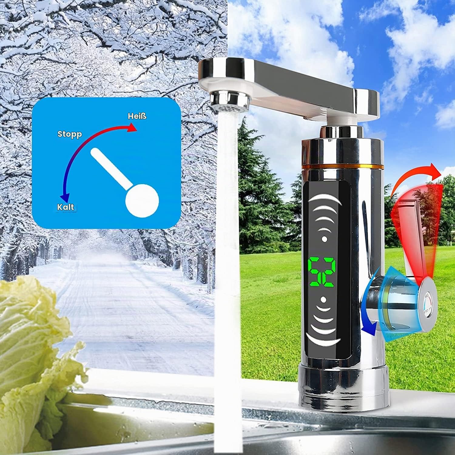Elektrischer Durchlauferhitzer Warmwasserhahn, 360° Drehbarer Durchlauferhitzer Wasserhahn mit LED Temperaturanzeige, 3000W Bad Küche Wasser Schnell Erhitzen Wasserhahn