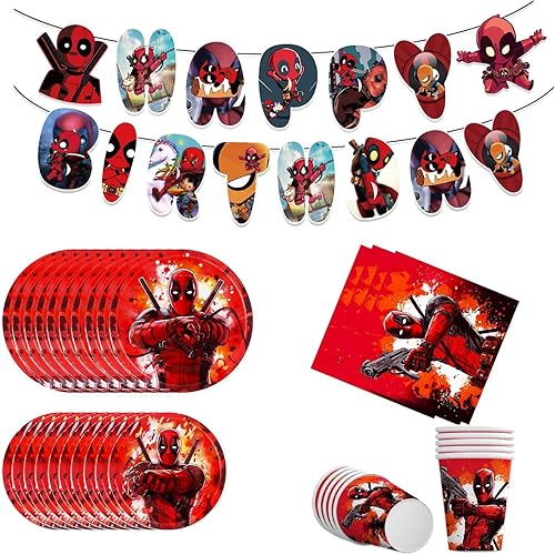 Suministros para fiesta de cumpleaños de Dead Pool, el juego de vajilla para fiesta temática de Deadpool incluye pancarta de cumpleaños, 20 platos,
