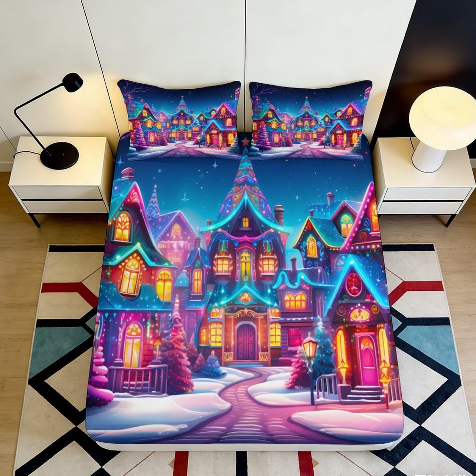 3D Printed Christmas Village Fitted Sheet Microfiber Soft Durable Winter Scene Bed Cover for Bedroom Dormitory Guest Room Mattress Protection 200x200x25cm