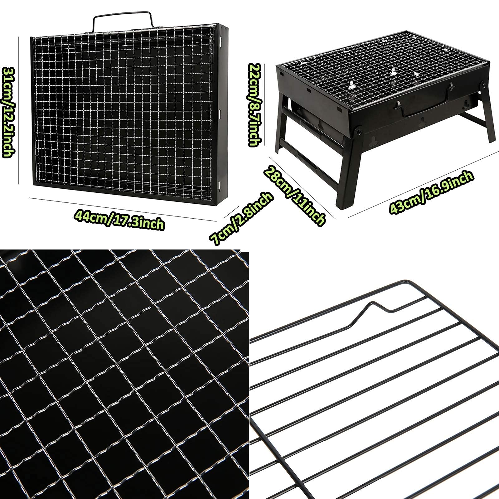 Grill węglowy, składany grill ze stali nierdzewnej premium z przenośnym uchwytem – gotuje 8-12 hamburgerów – idealny na kemping, wędrówki, piknik i patio