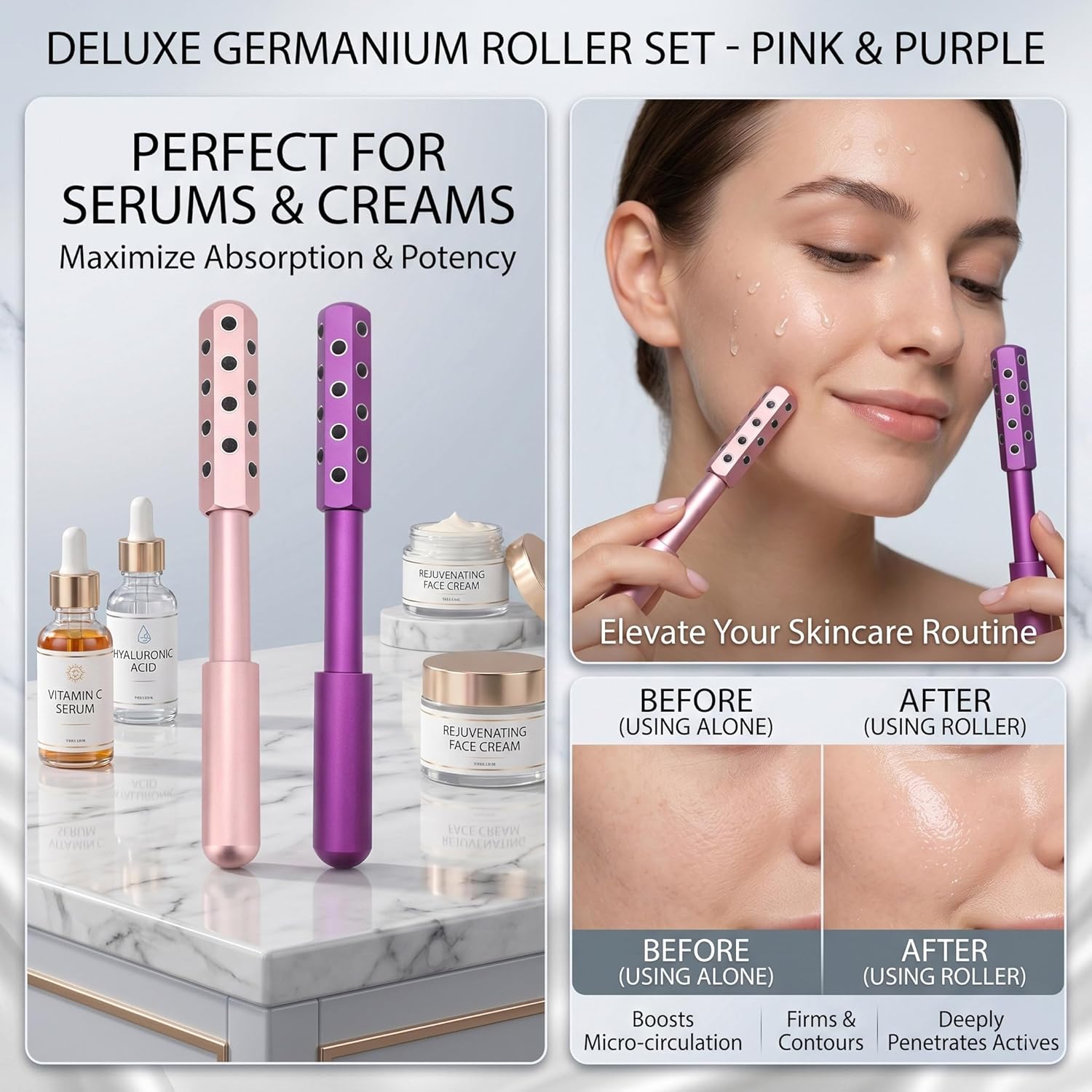 24-Stone Germanium Facial Roller for Face & Neck, Cooling Face Massager Roller for Skin Care, 360° Contouring Beauty Tool for Lifting & Depuffing, Portable Aluminum Face Roller for Women