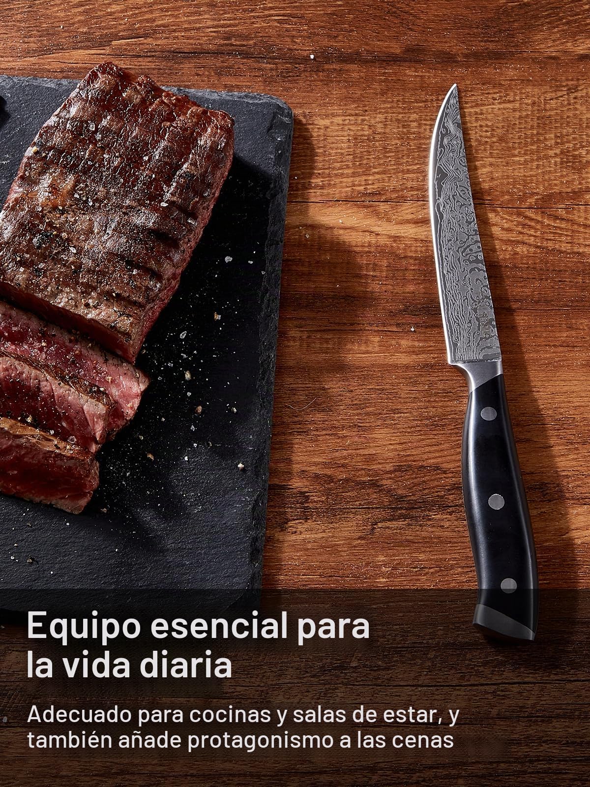 FOHERE Cuchillos para Carne con Bloque de Cuchillos, Juego de 8 Cuchillos para Carne de Acero Inoxidable con Hoja Recta Extra Afilada, Patrón de Damasco, Diseño de Mango Ergonómico de Espiga Completa