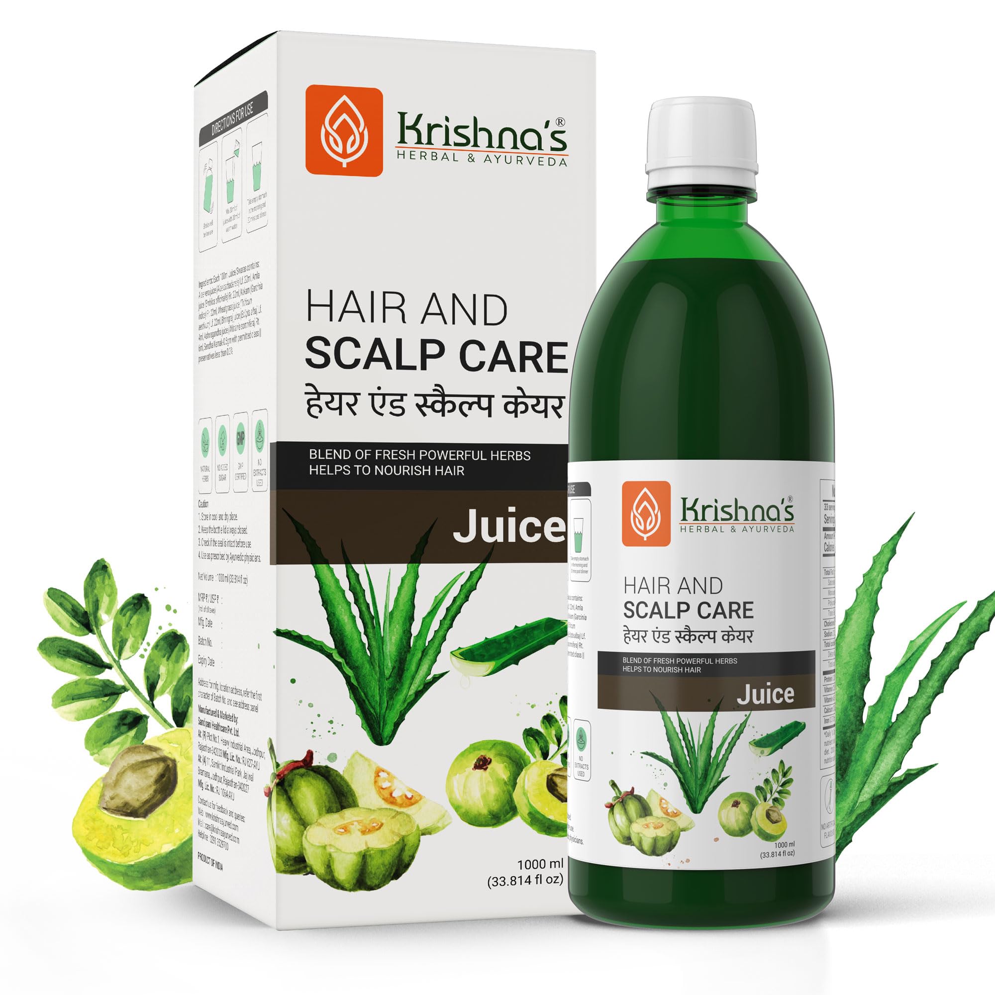 KRISHNA'S HERBAL & AYURVEDA Hair & Scalp Care Juice 1000 Ml,Hair Care Juice For Hair Growth & Hair Fall Control,Blend Of 7+ Ayurvedic Herbs,No Artificial Colors,Flavours & Sugars,Use 60 Days