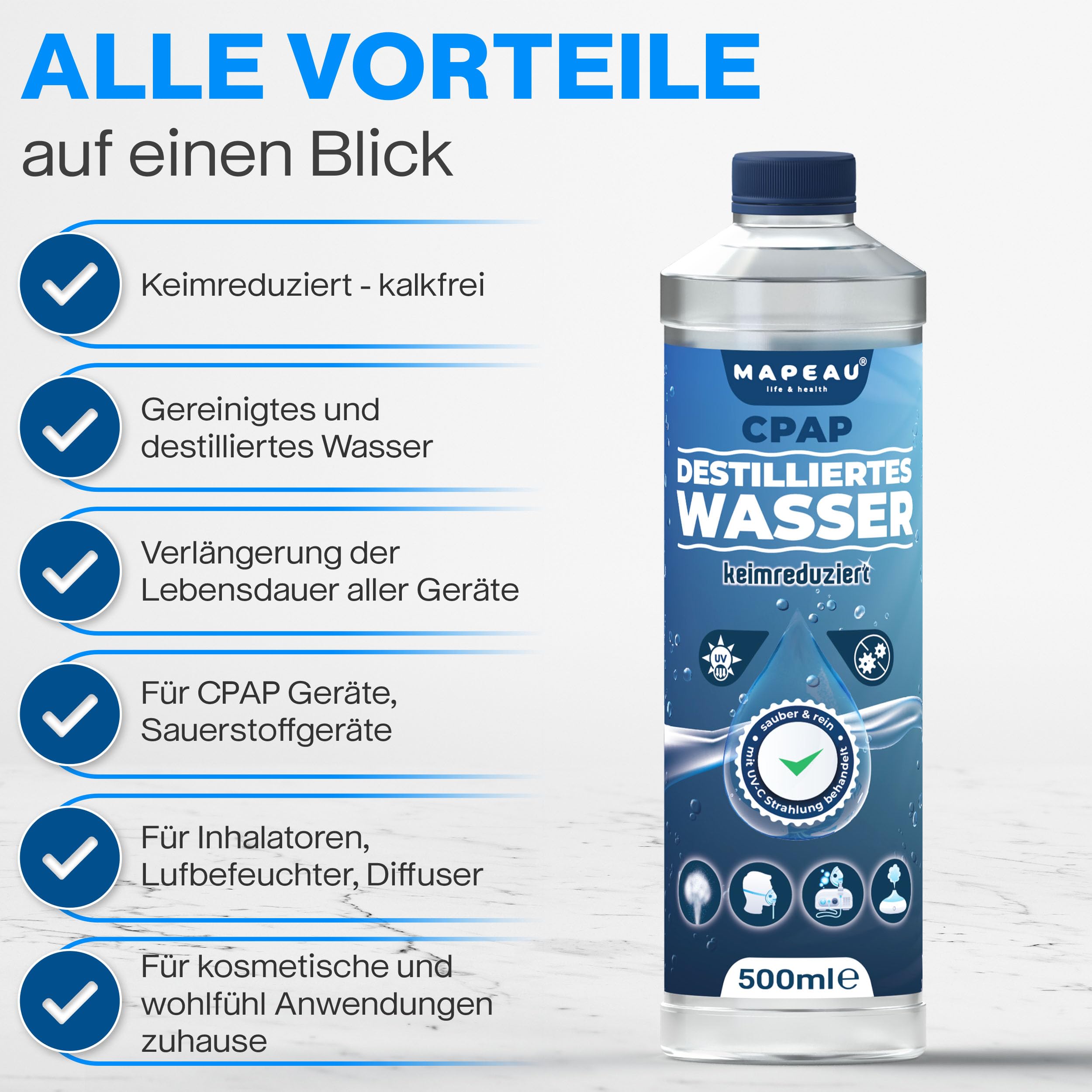 Mapeau CPAP destilliertes Wasser für CPAP-Geräte, Wasser für Sauerstoffgerät, Inhalator, Luftbefeuchter, Atemgas-Befeuchtung (5x 500ml)